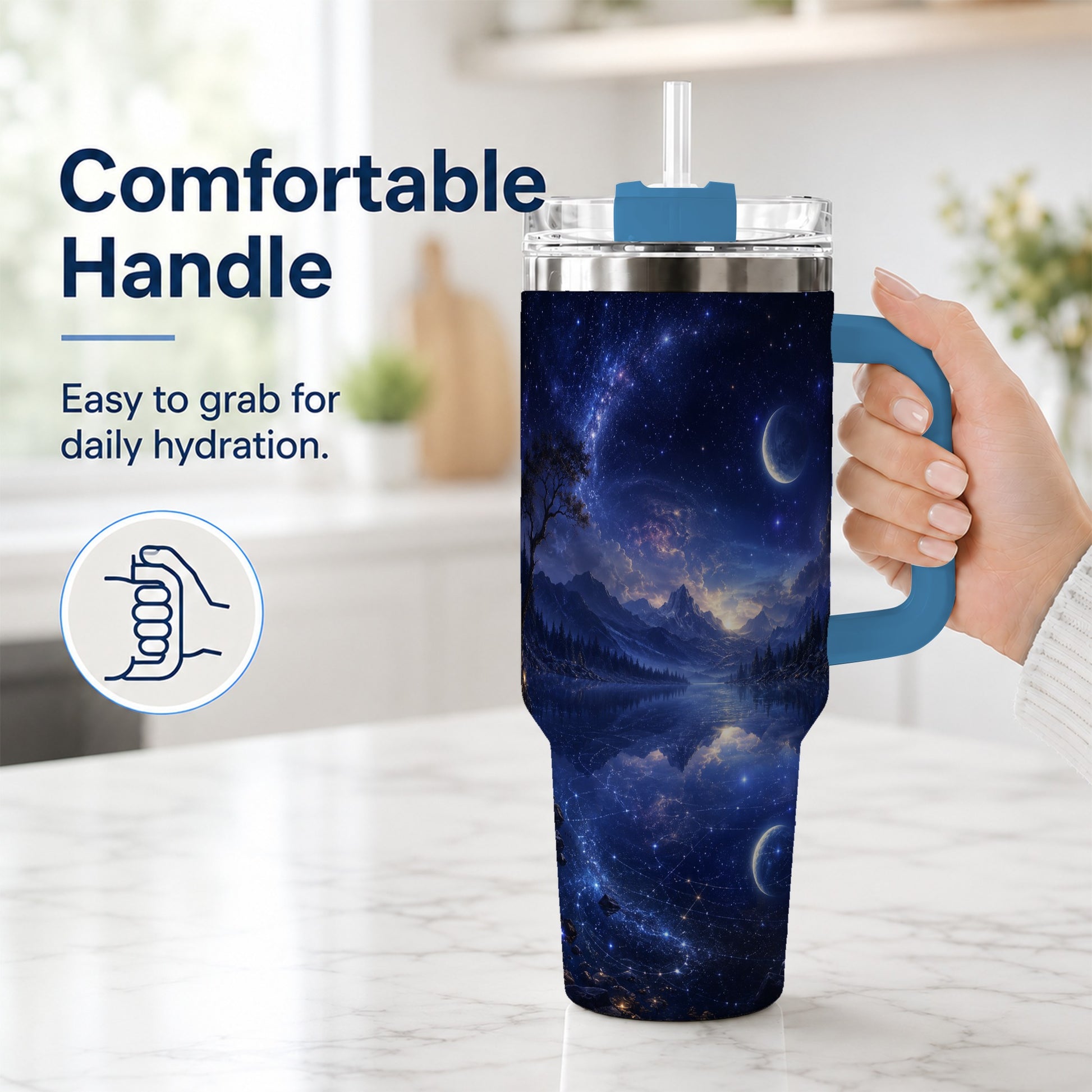 #pl[40oz|Blue] Cosmic Lake 40oz Tumbler with Handle, Moonlit Celestial Art