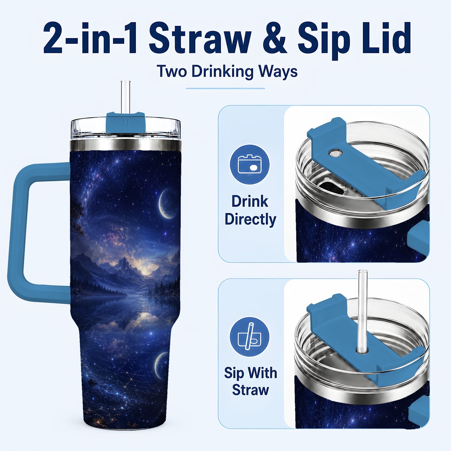 #pl[40oz|Blue] Cosmic Lake 40oz Tumbler with Handle, Moonlit Celestial Art