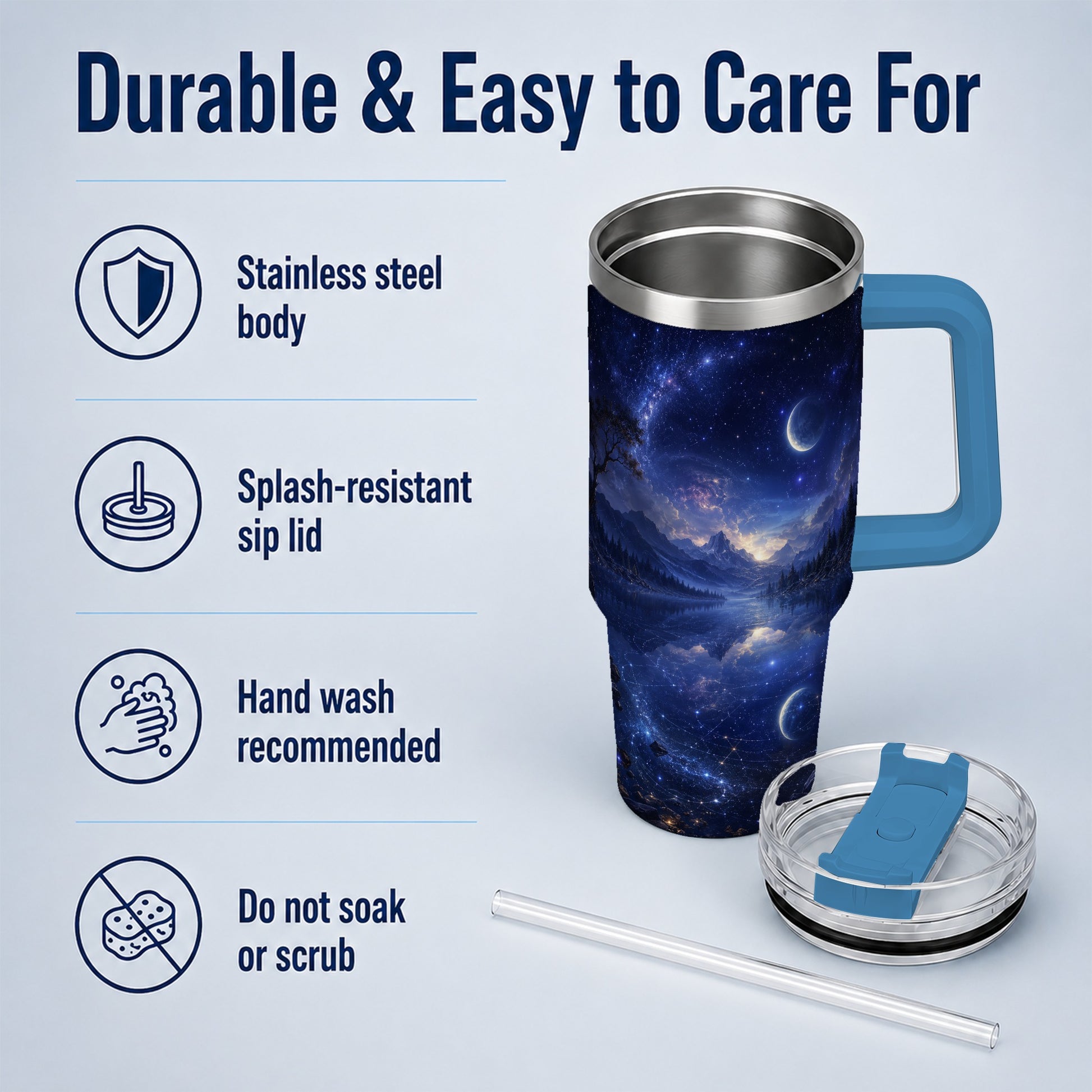 #pl[40oz|Blue] Cosmic Lake 40oz Tumbler with Handle, Moonlit Celestial Art