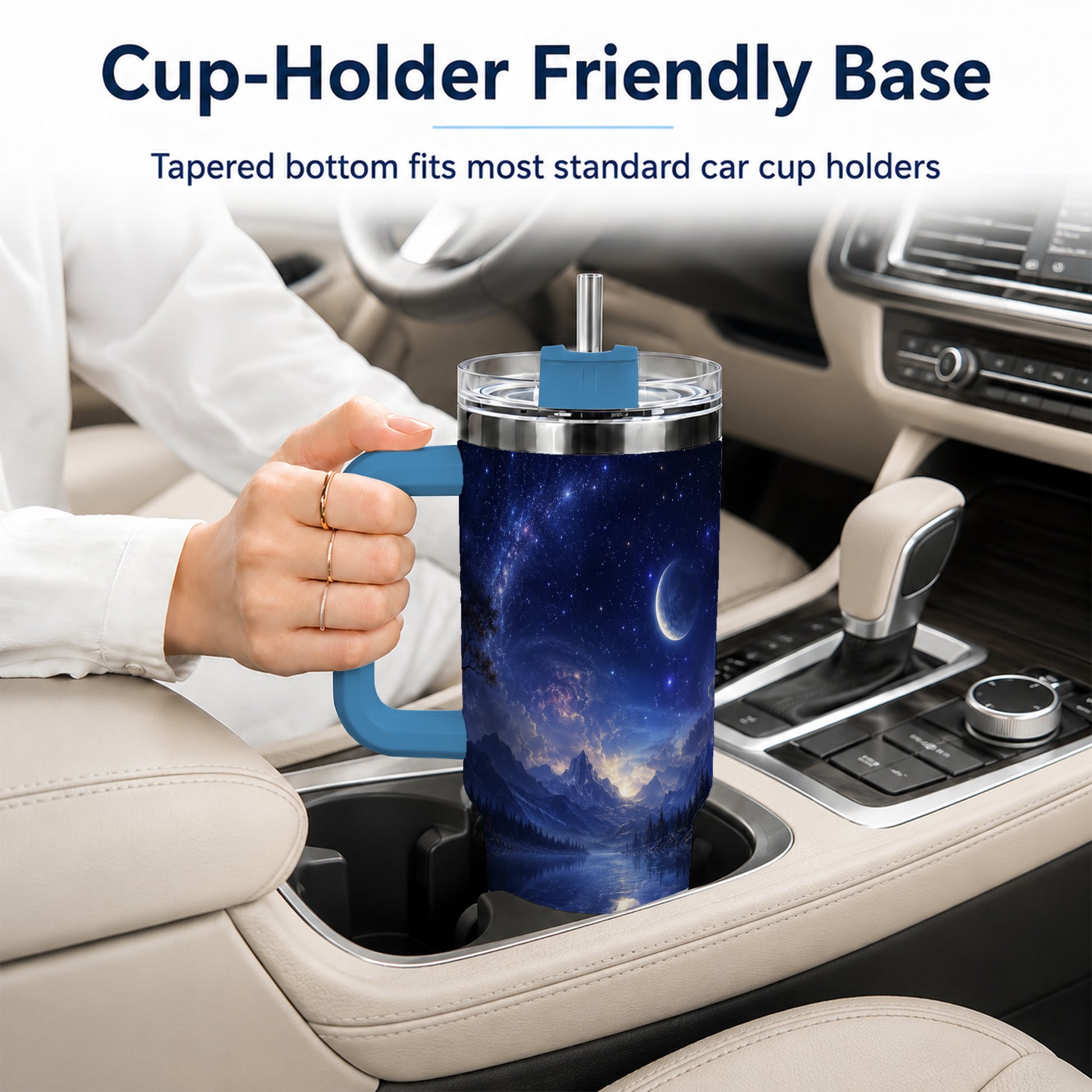 #pl[40oz|Blue] Cosmic Lake 40oz Tumbler with Handle, Moonlit Celestial Art
