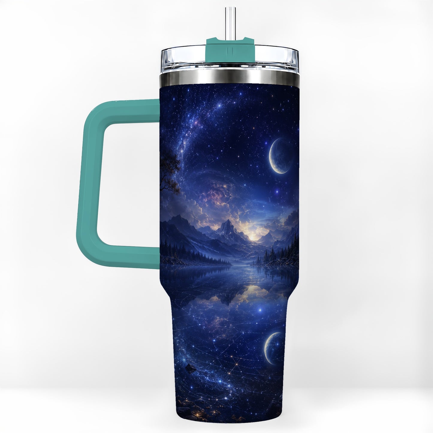 #pl[40oz|Green] Cosmic Lake 40oz Tumbler with Handle, Moonlit Celestial Art
