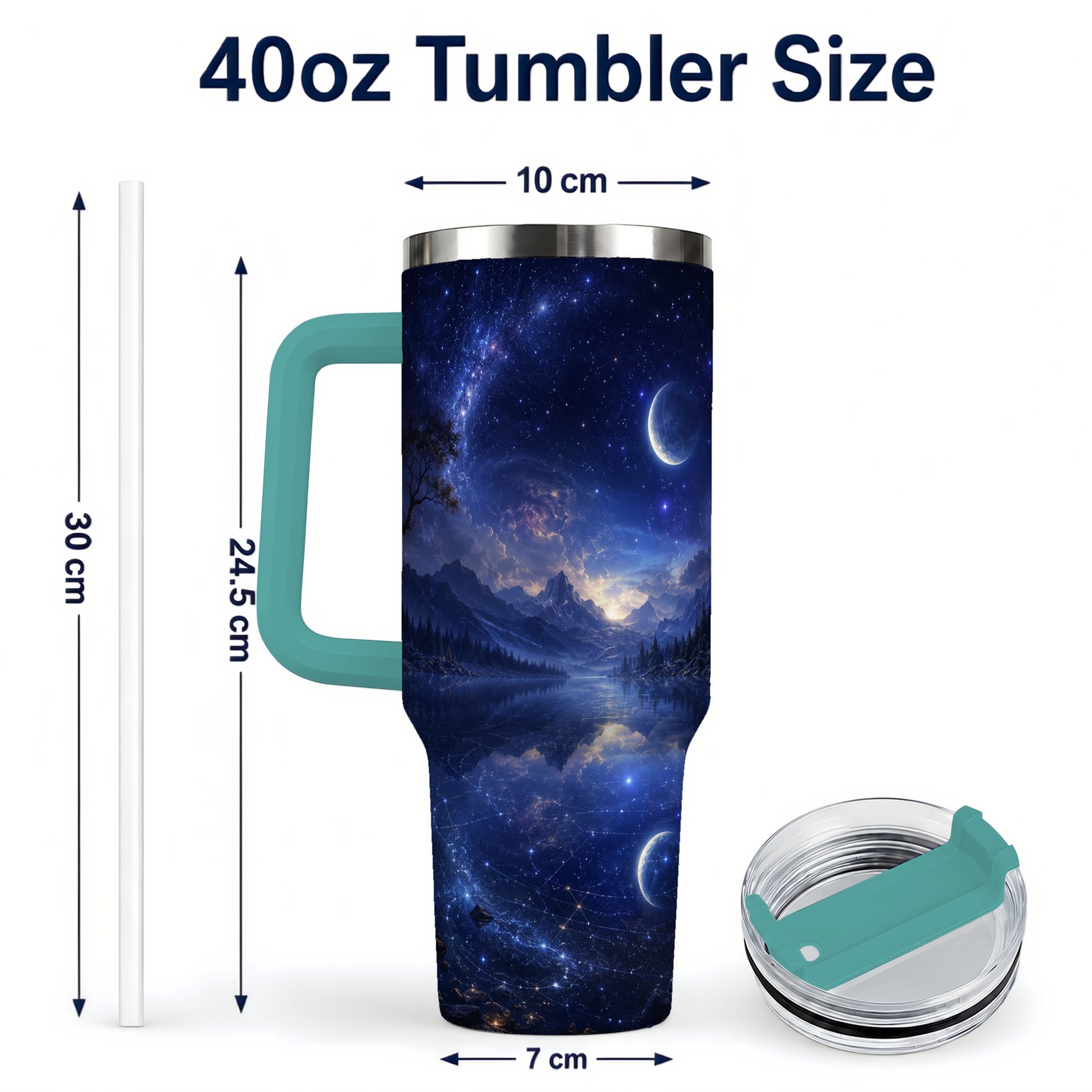 #pl[40oz|Green] Cosmic Lake 40oz Tumbler with Handle, Moonlit Celestial Art