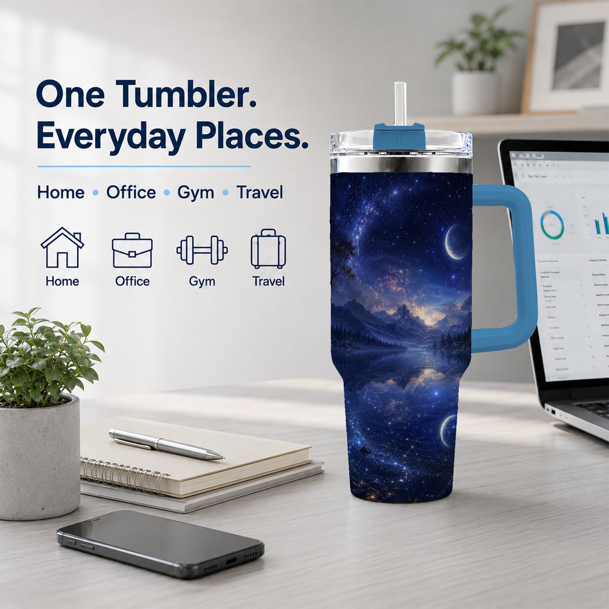 #pl[40oz|Blue] Cosmic Lake 40oz Tumbler with Handle, Moonlit Celestial Art