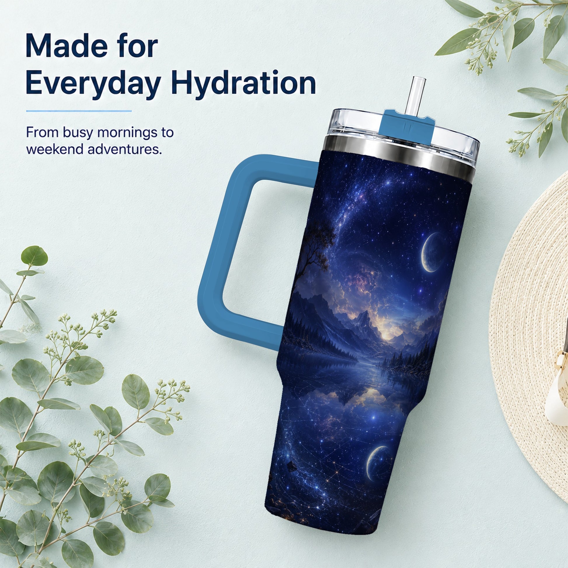 #pl[40oz|Blue] Cosmic Lake 40oz Tumbler with Handle, Moonlit Celestial Art
