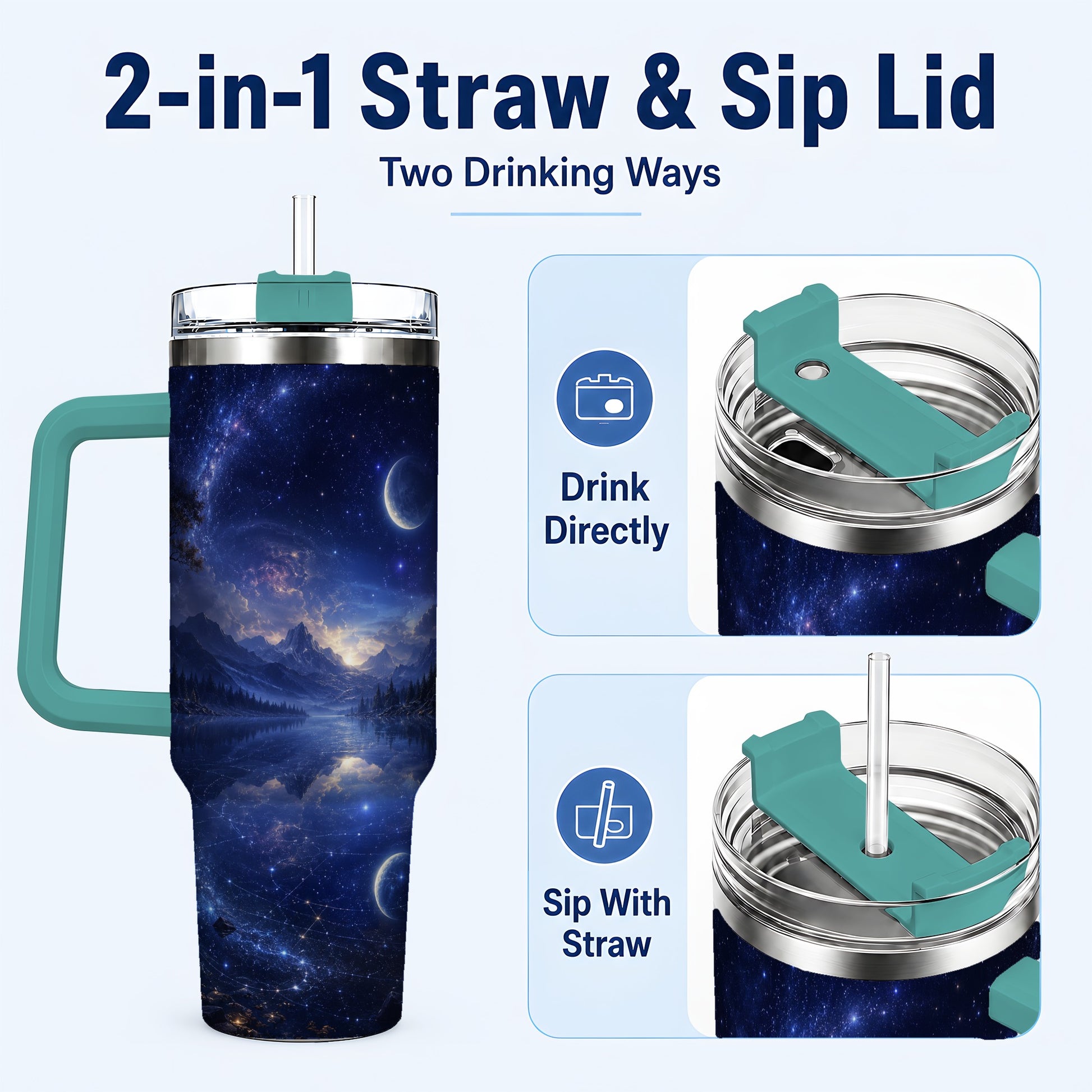 #pl[40oz|Green] Cosmic Lake 40oz Tumbler with Handle, Moonlit Celestial Art