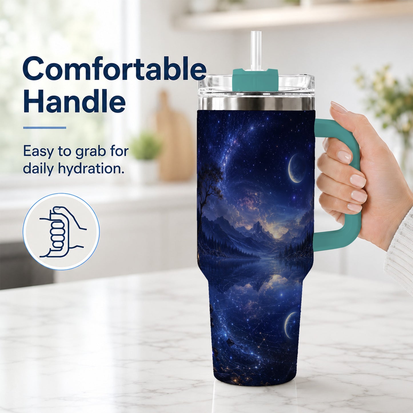 #pl[40oz|Green] Cosmic Lake 40oz Tumbler with Handle, Moonlit Celestial Art