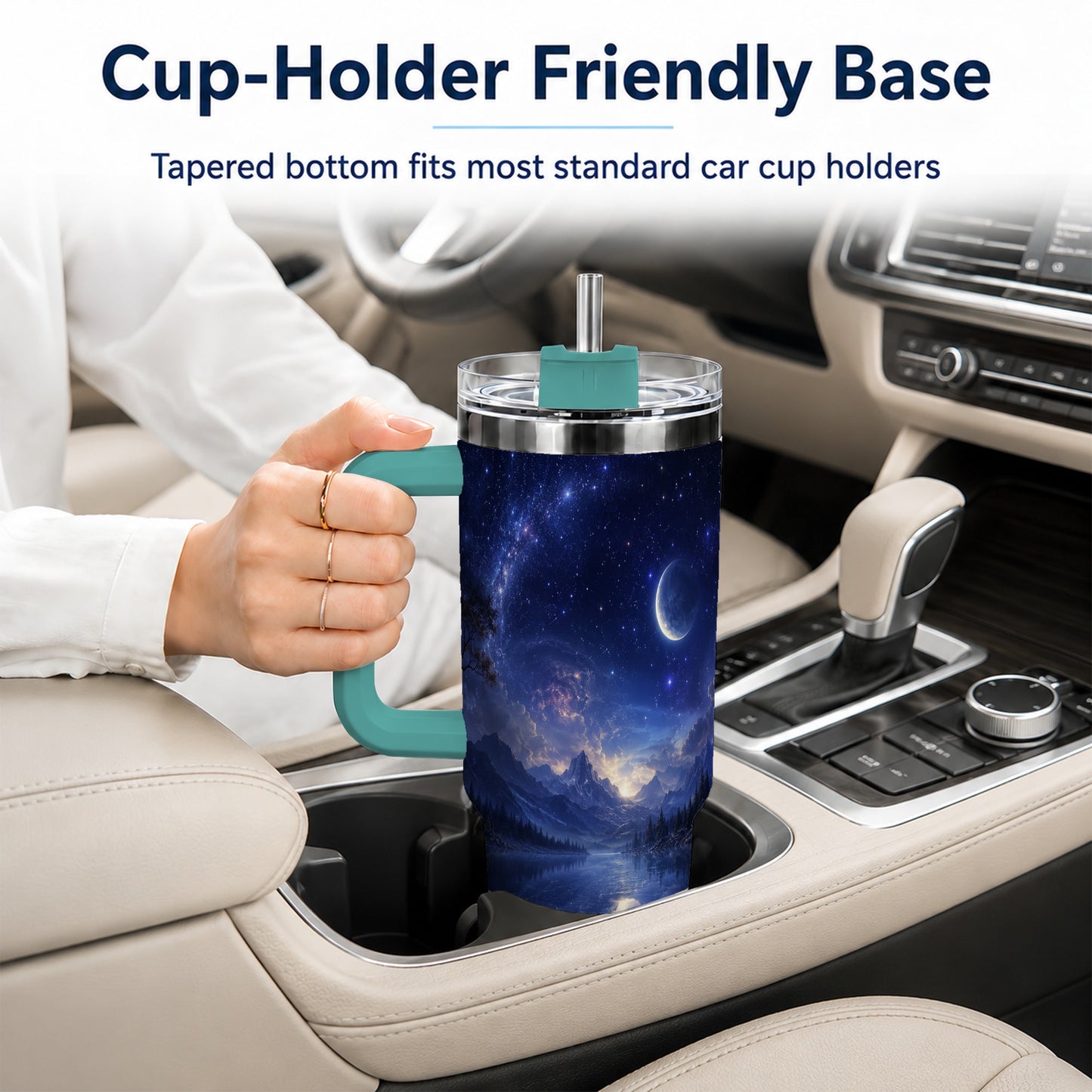 #pl[40oz|Green] Cosmic Lake 40oz Tumbler with Handle, Moonlit Celestial Art