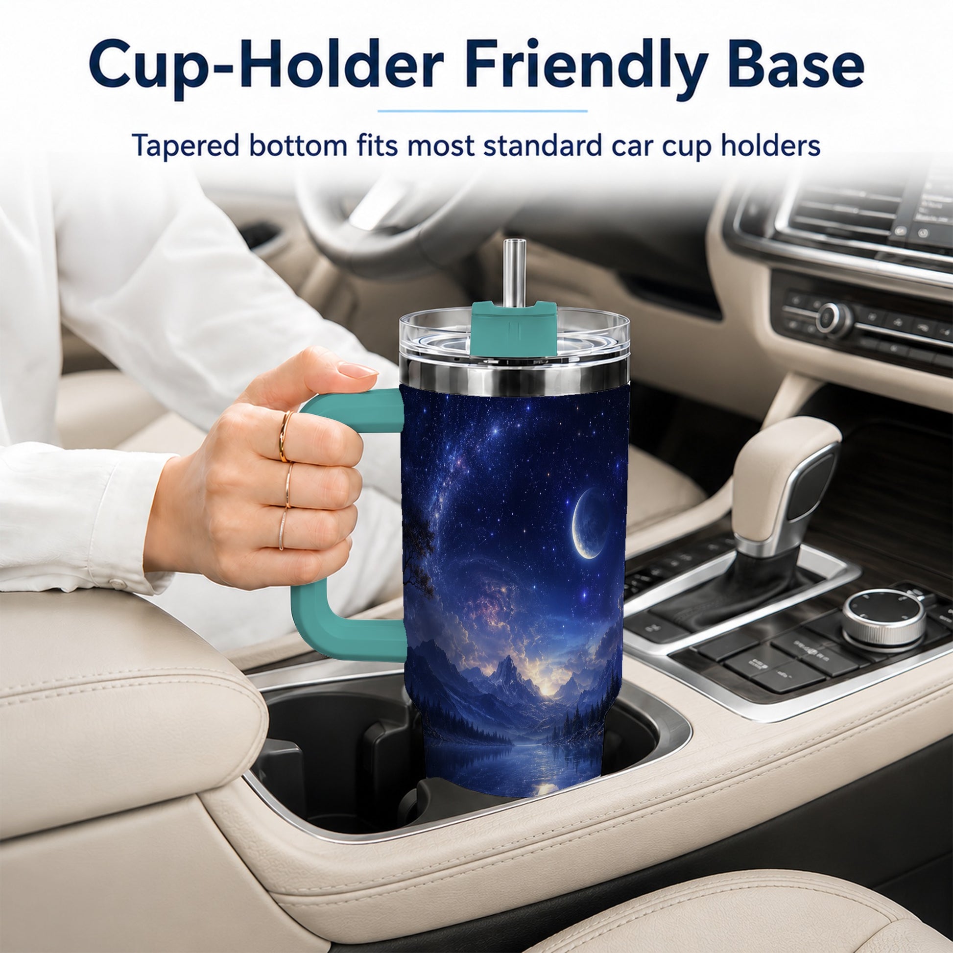 #pl[40oz|Green] Cosmic Lake 40oz Tumbler with Handle, Moonlit Celestial Art
