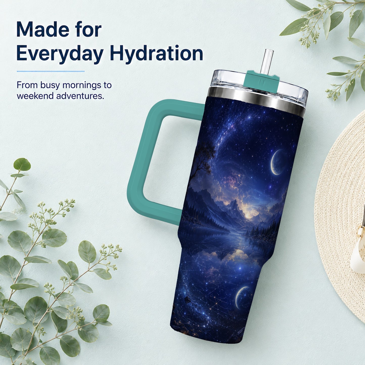 #pl[40oz|Green] Cosmic Lake 40oz Tumbler with Handle, Moonlit Celestial Art
