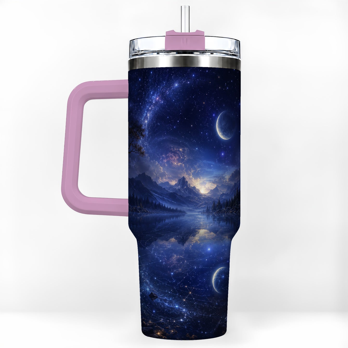 #pl[40oz|Pink] Cosmic Lake 40oz Tumbler with Handle, Moonlit Celestial Art
