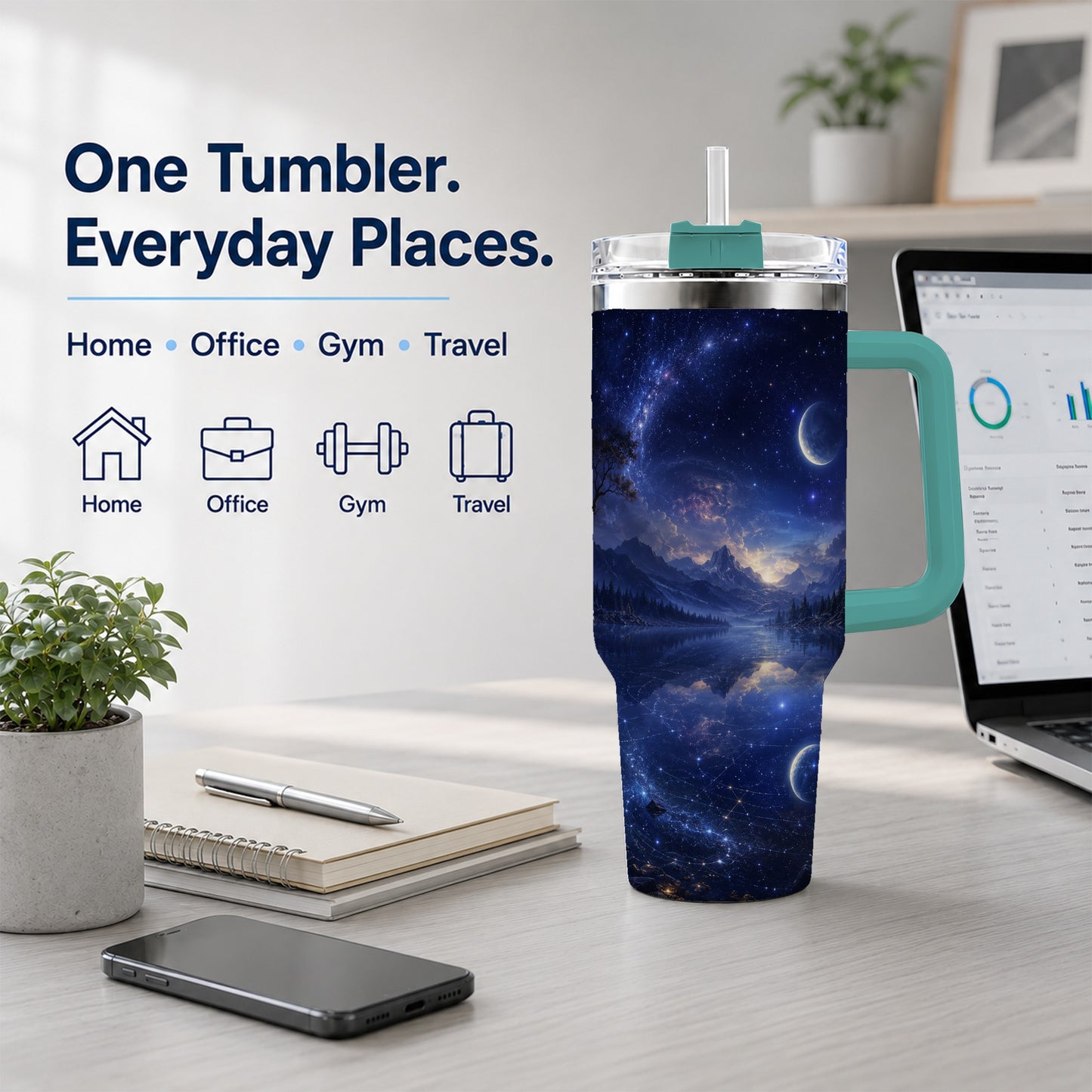 #pl[40oz|Green] Cosmic Lake 40oz Tumbler with Handle, Moonlit Celestial Art