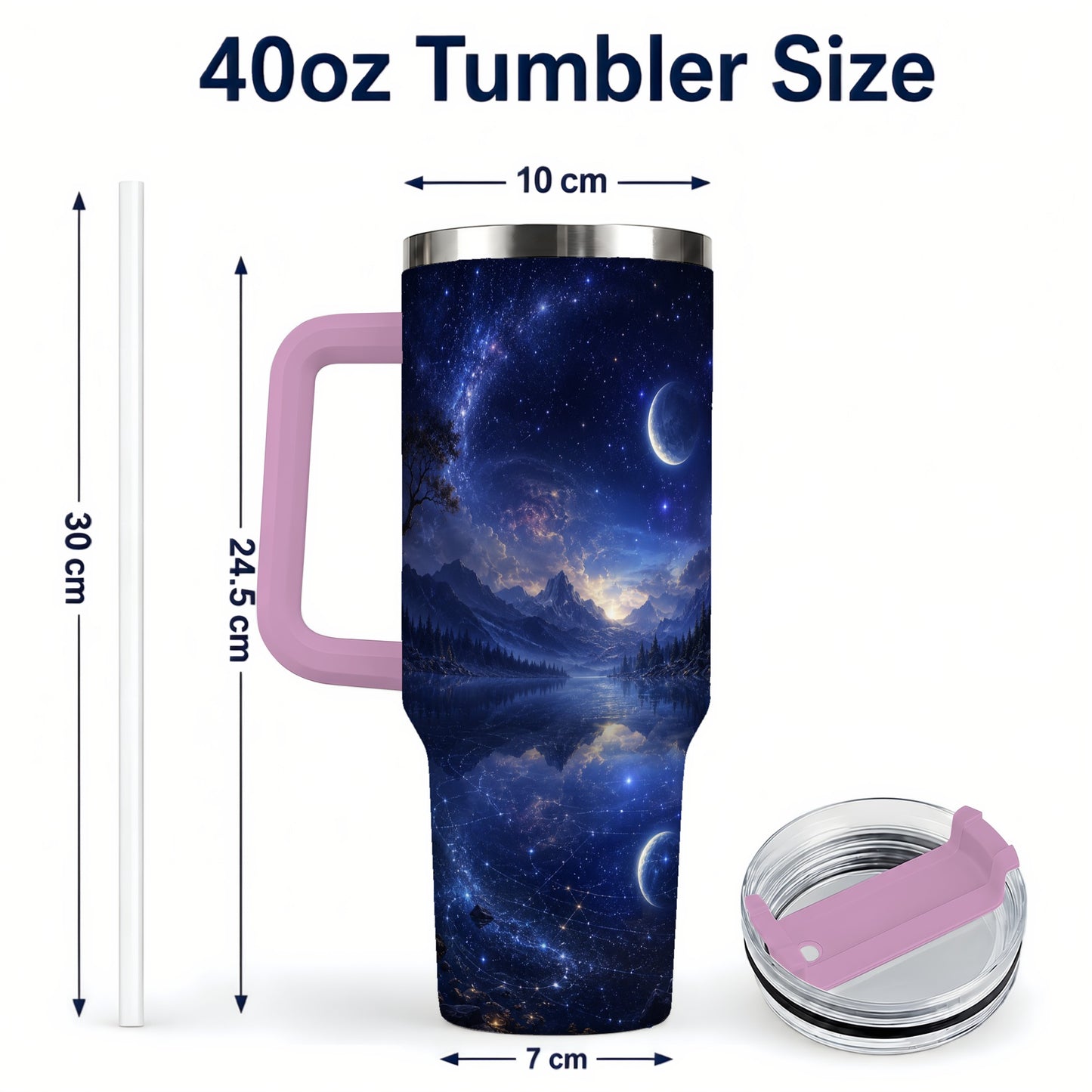 #pl[40oz|Pink] Cosmic Lake 40oz Tumbler with Handle, Moonlit Celestial Art