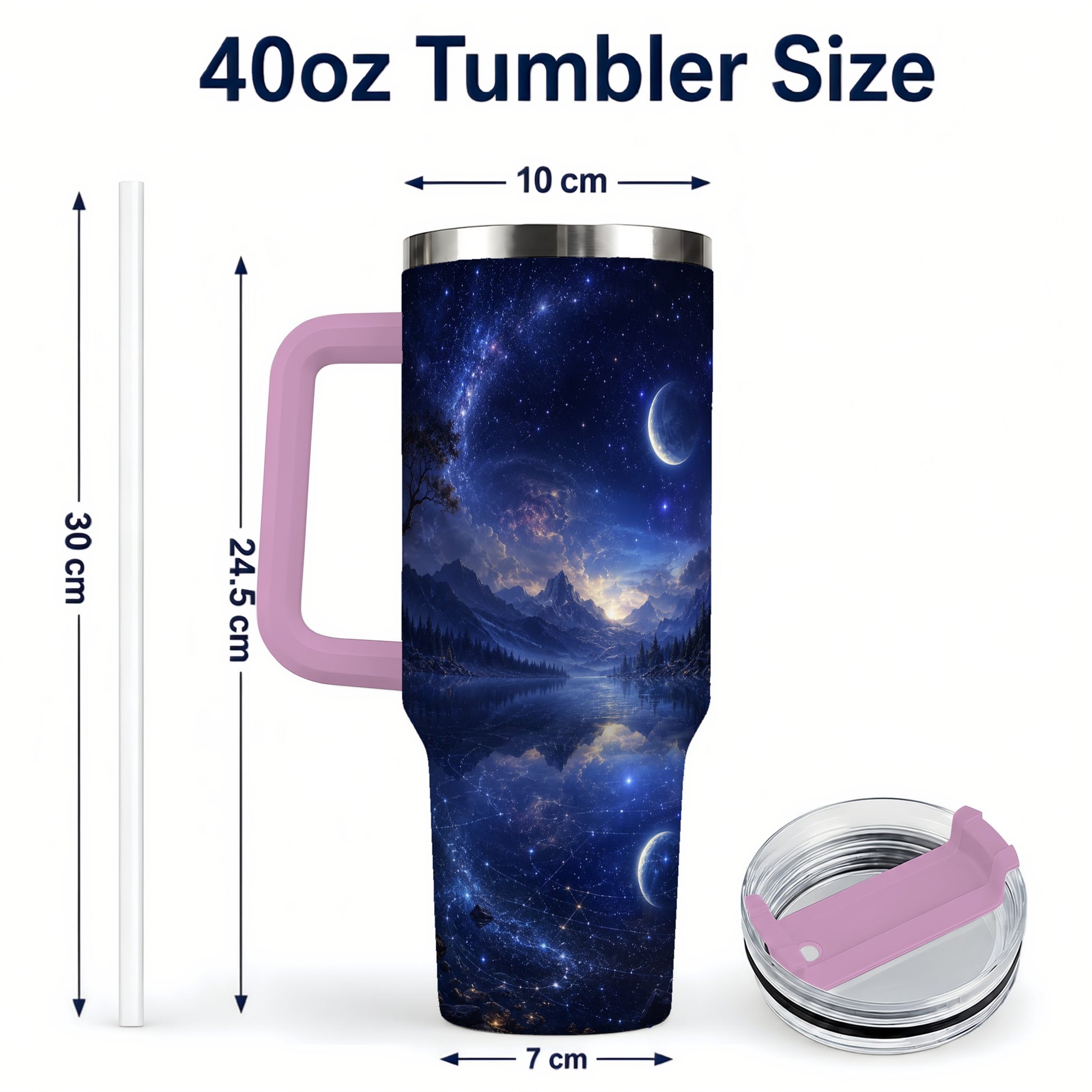 #pl[40oz|Pink] Cosmic Lake 40oz Tumbler with Handle, Moonlit Celestial Art