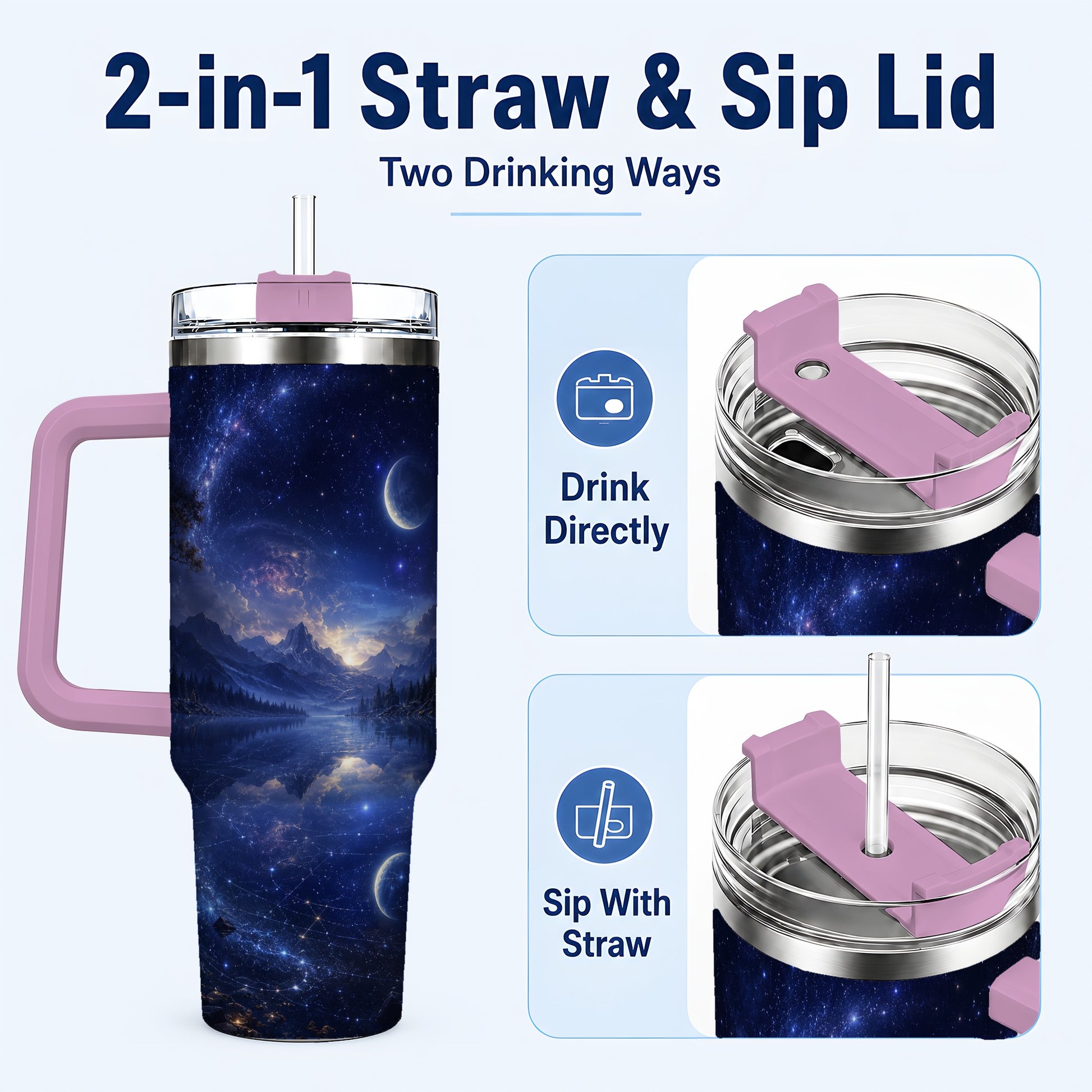 #pl[40oz|Pink] Cosmic Lake 40oz Tumbler with Handle, Moonlit Celestial Art