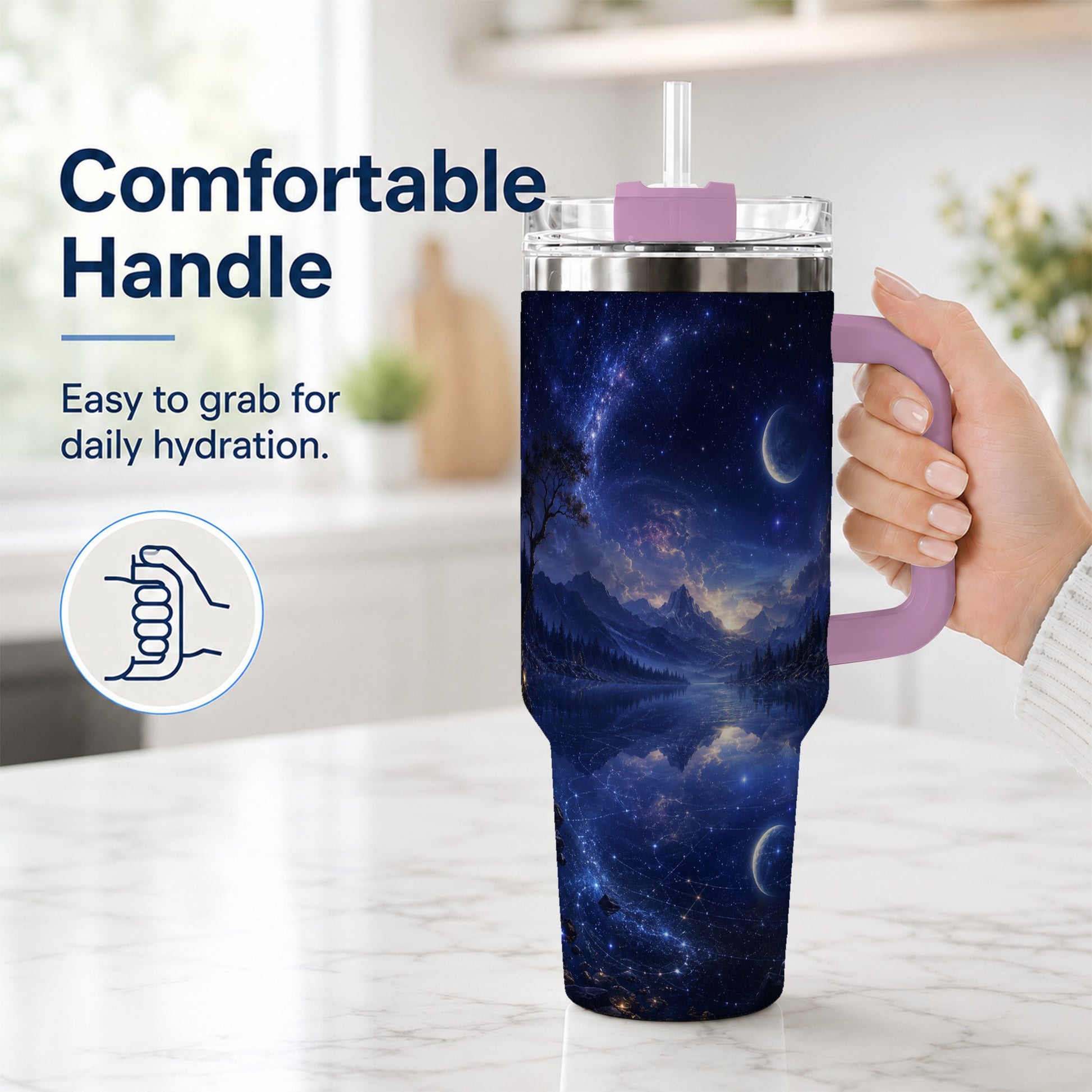 #pl[40oz|Pink] Cosmic Lake 40oz Tumbler with Handle, Moonlit Celestial Art