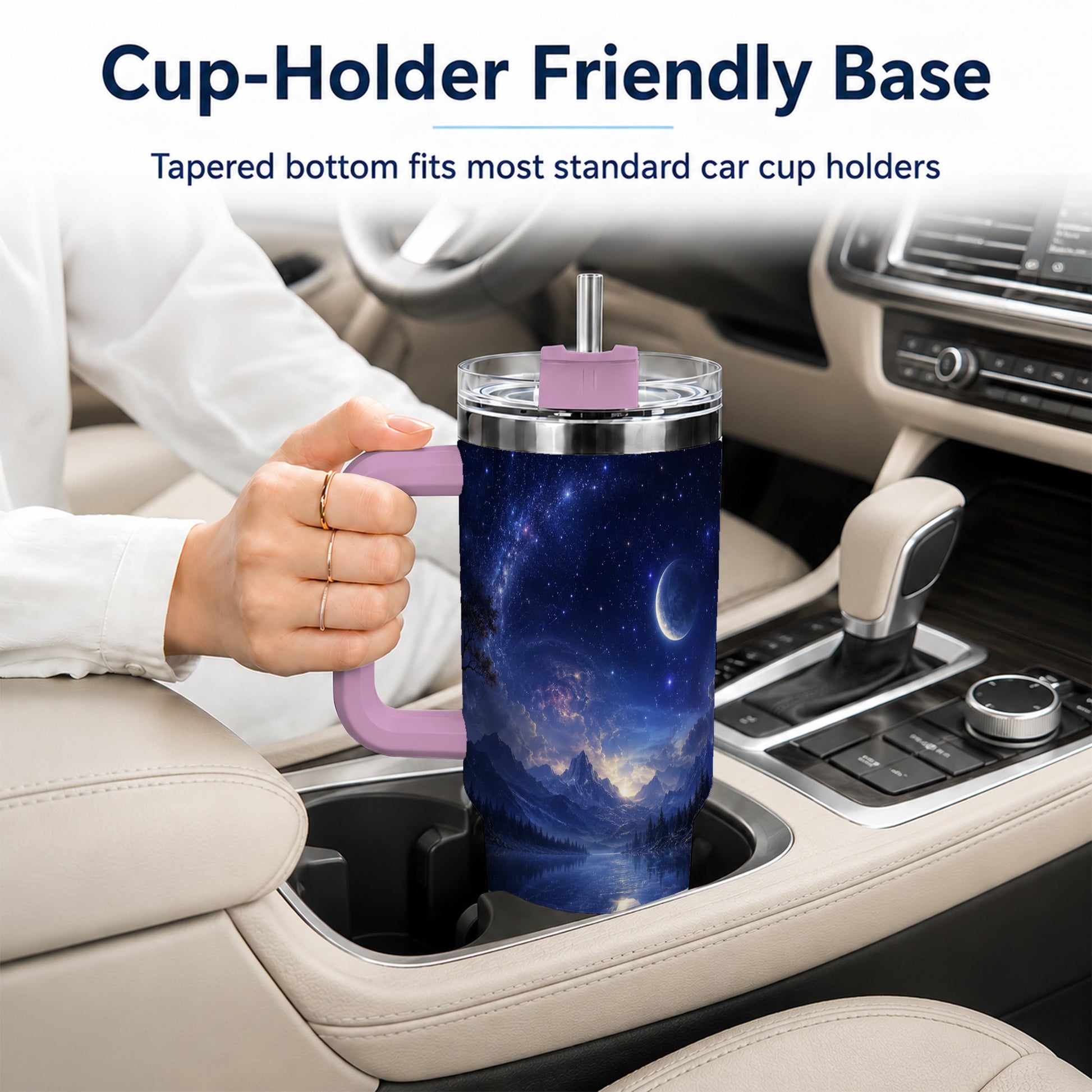 #pl[40oz|Pink] Cosmic Lake 40oz Tumbler with Handle, Moonlit Celestial Art
