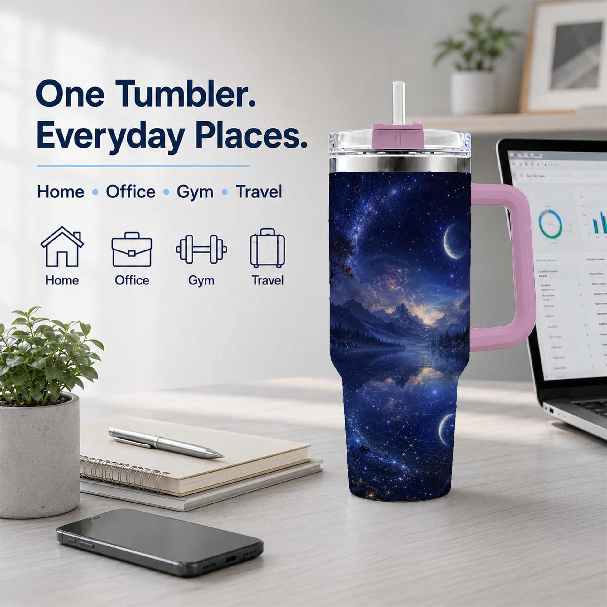 #pl[40oz|Pink] Cosmic Lake 40oz Tumbler with Handle, Moonlit Celestial Art