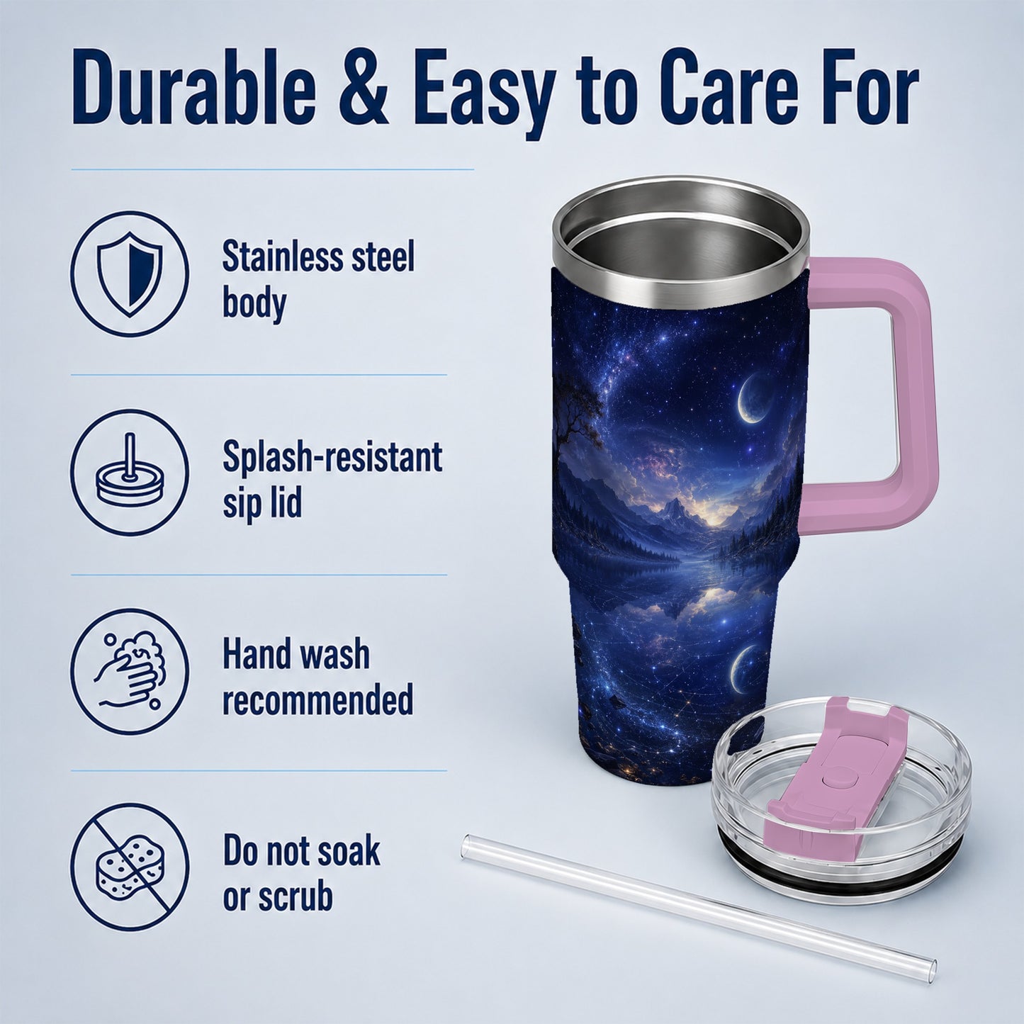 #pl[40oz|Pink] Cosmic Lake 40oz Tumbler with Handle, Moonlit Celestial Art