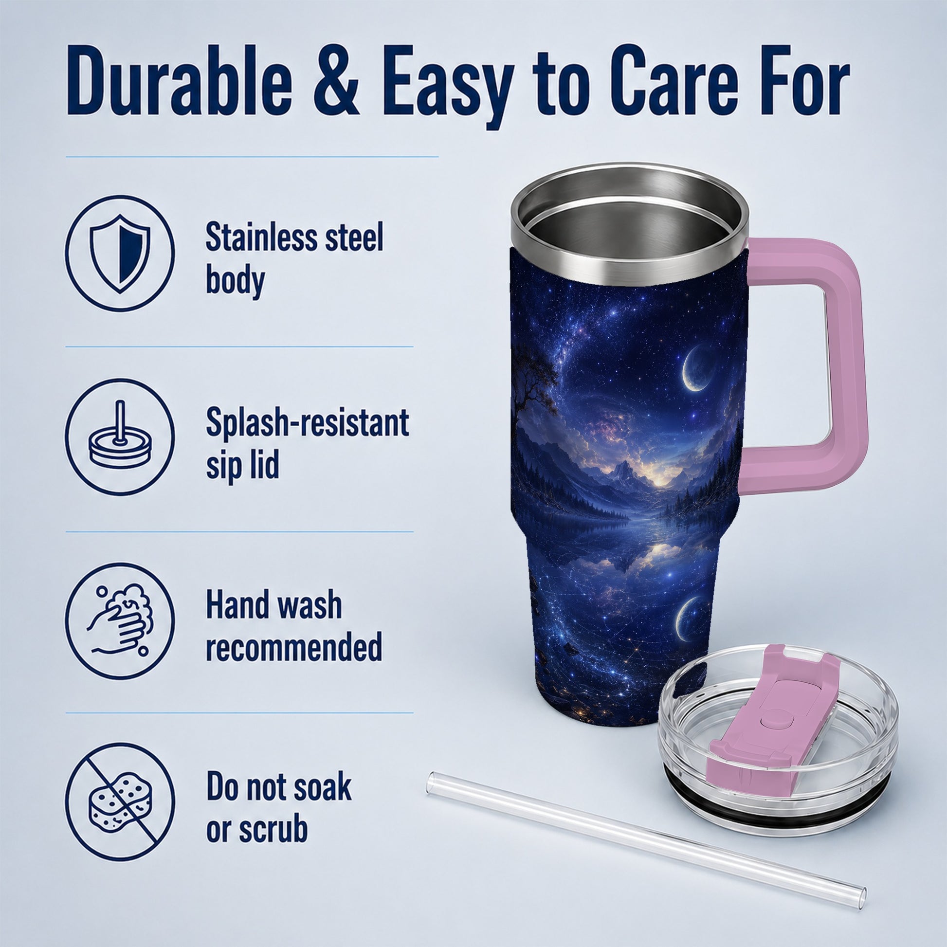 #pl[40oz|Pink] Cosmic Lake 40oz Tumbler with Handle, Moonlit Celestial Art