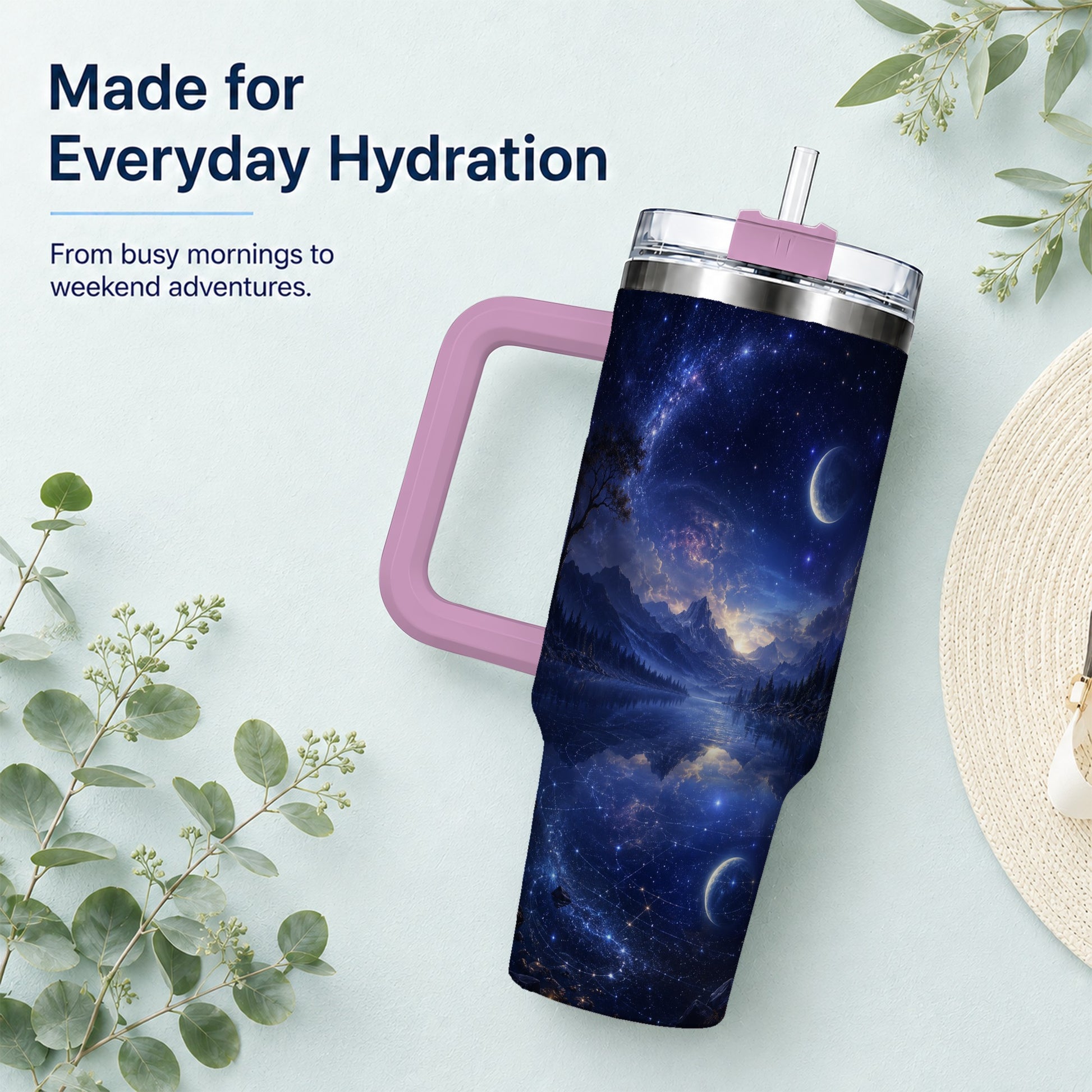#pl[40oz|Pink] Cosmic Lake 40oz Tumbler with Handle, Moonlit Celestial Art