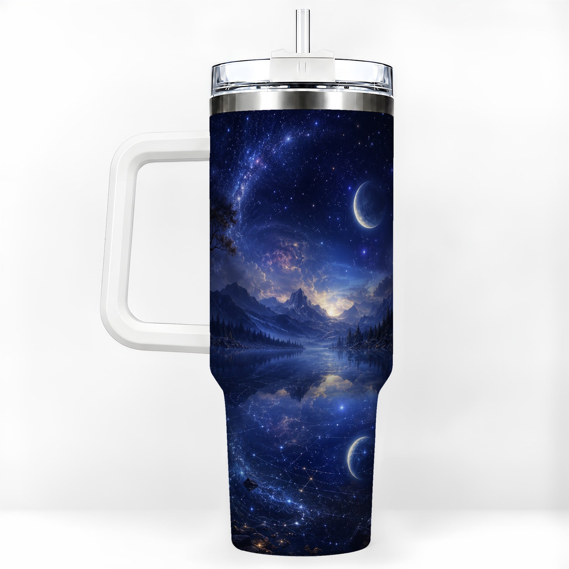 Cosmic Lake 40oz Tumbler with Handle, Moonlit Celestial Art