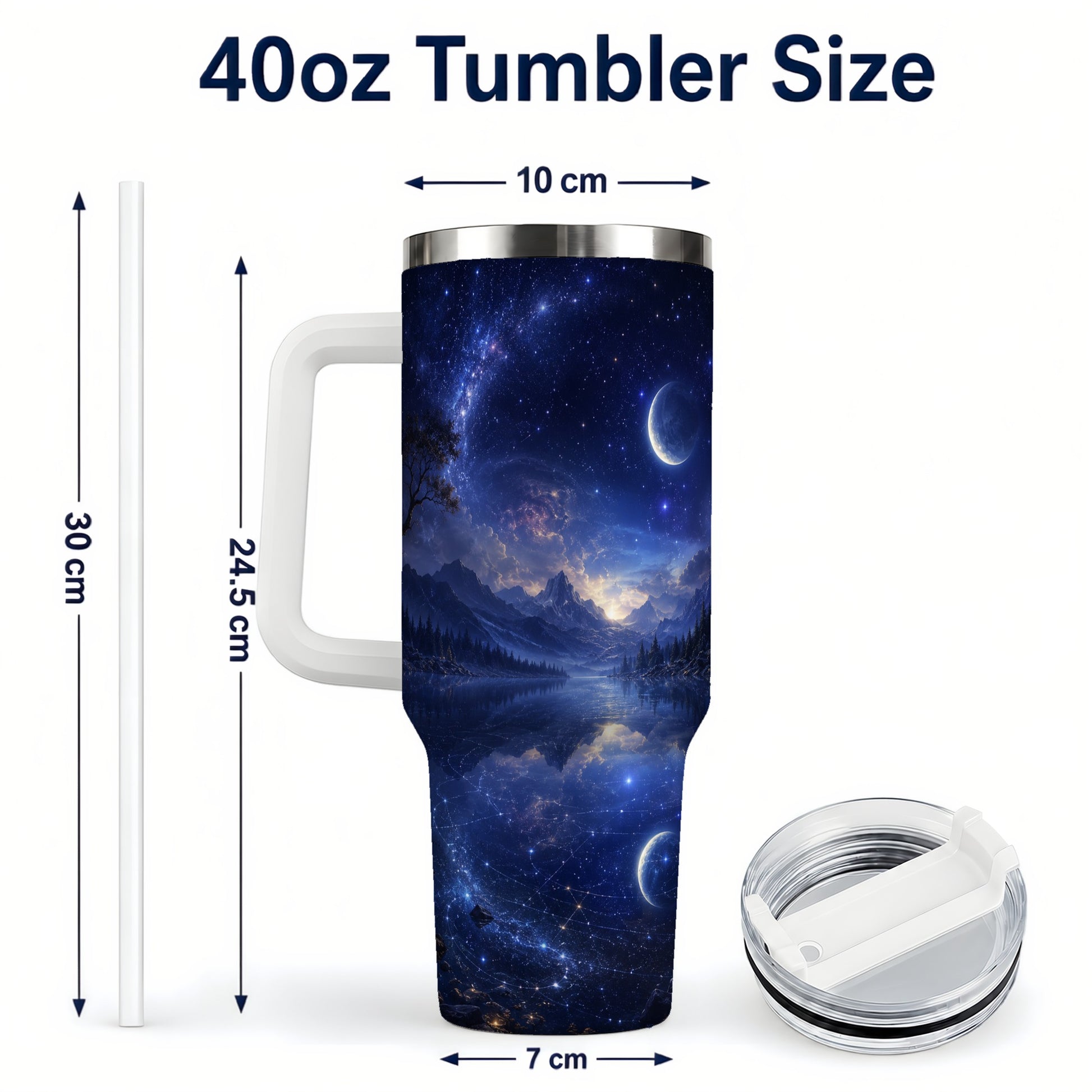 #pl[40oz|White] Cosmic Lake 40oz Tumbler with Handle, Moonlit Celestial Art