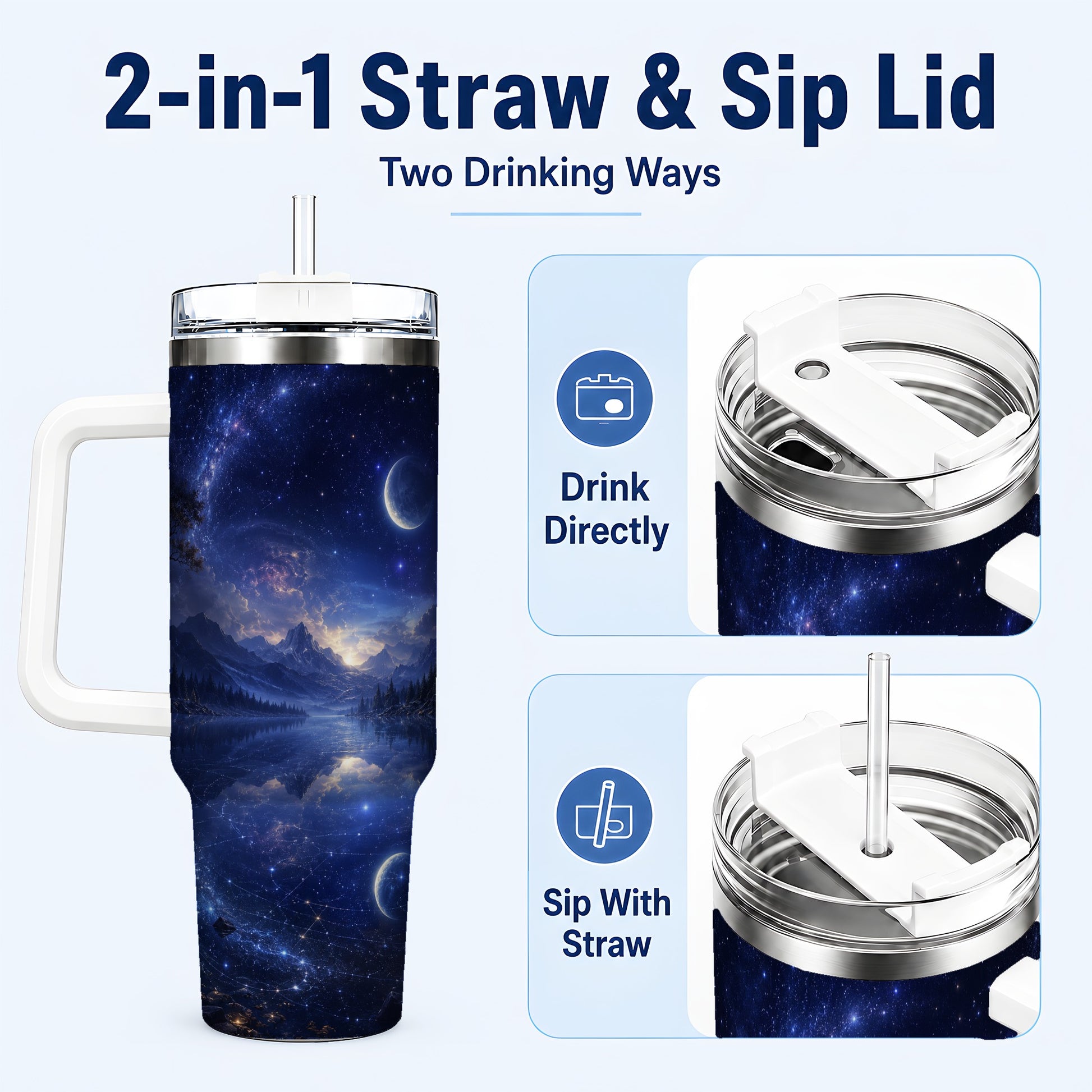 #pl[40oz|White] Cosmic Lake 40oz Tumbler with Handle, Moonlit Celestial Art