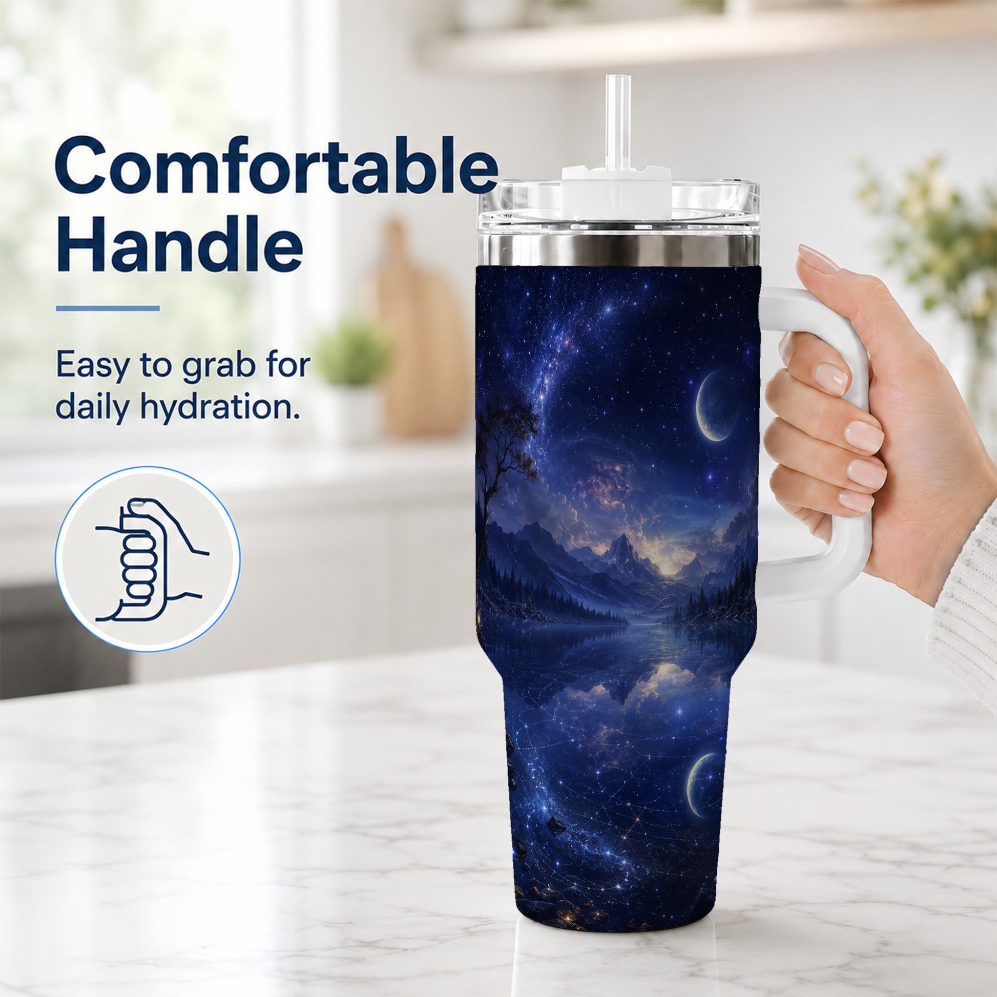 #pl[40oz|White] Cosmic Lake 40oz Tumbler with Handle, Moonlit Celestial Art
