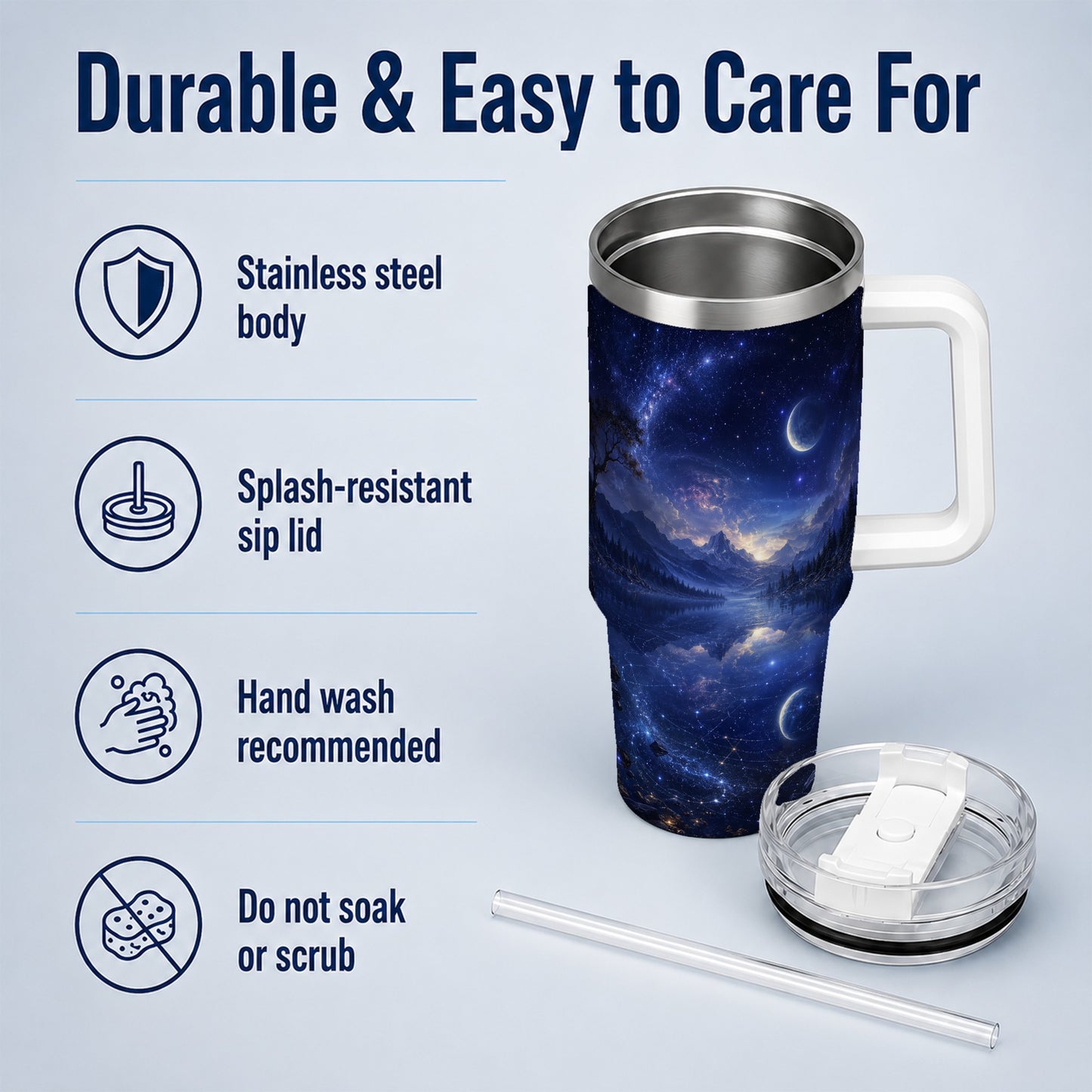 #pl[40oz|White] Cosmic Lake 40oz Tumbler with Handle, Moonlit Celestial Art