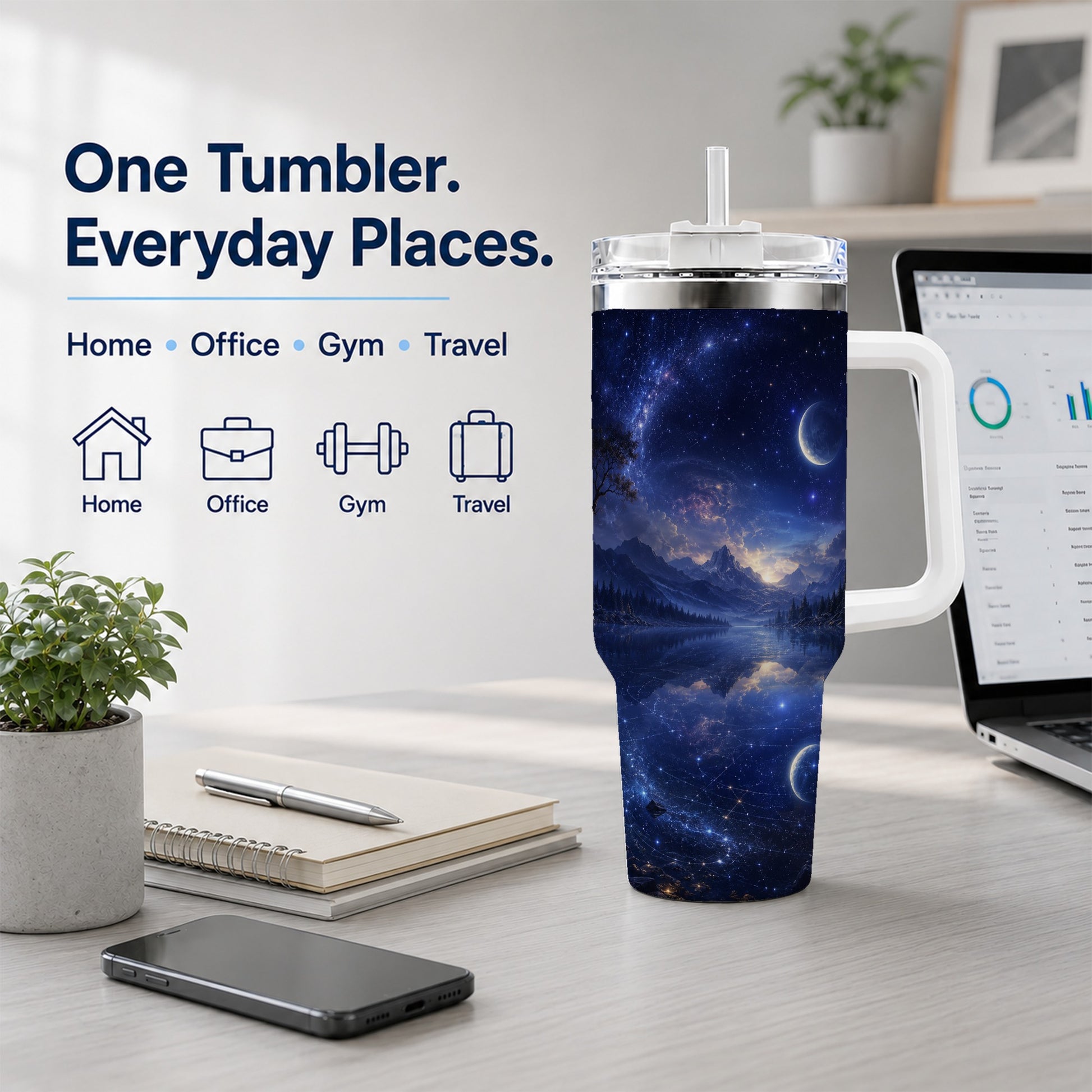 #pl[40oz|White] Cosmic Lake 40oz Tumbler with Handle, Moonlit Celestial Art
