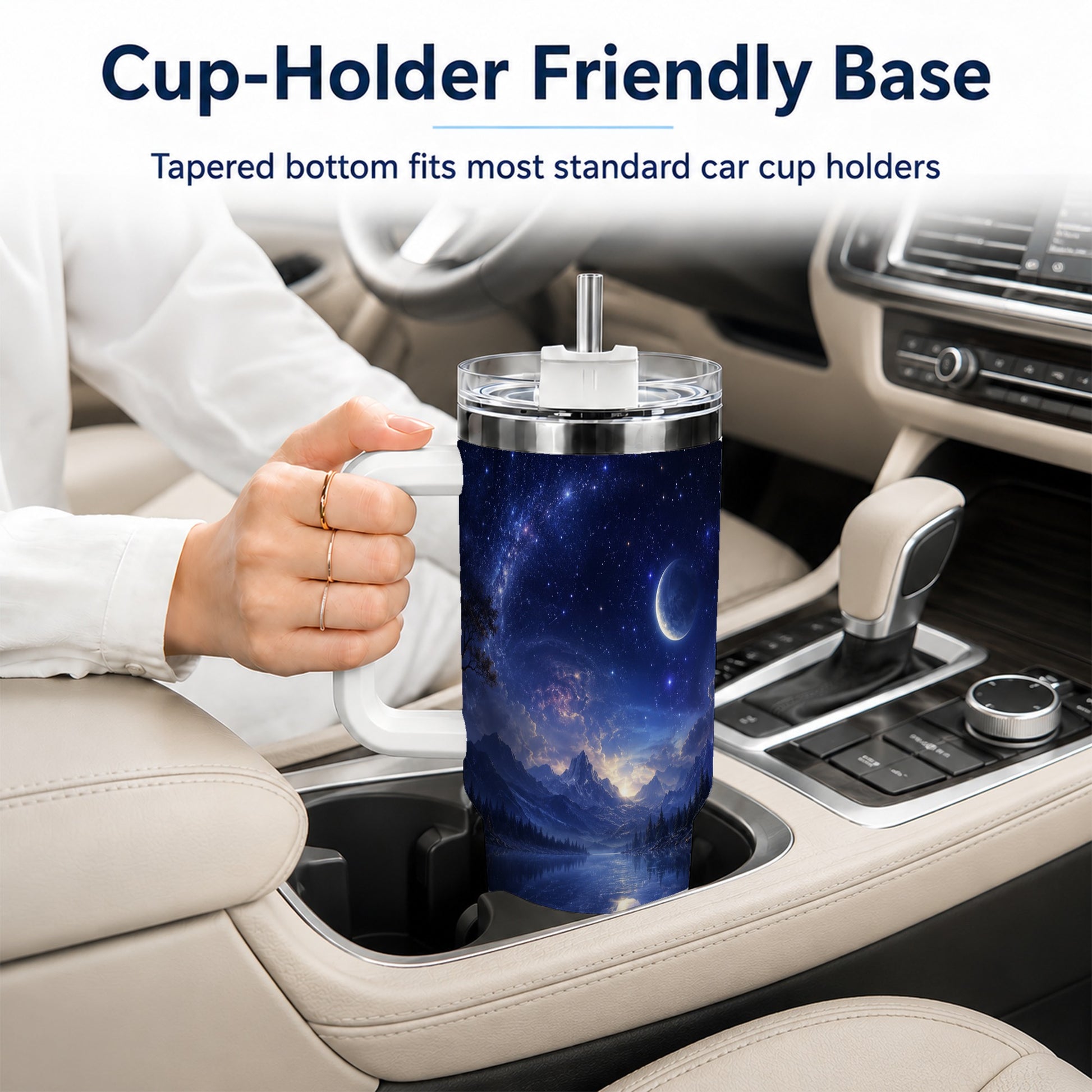 #pl[40oz|White] Cosmic Lake 40oz Tumbler with Handle, Moonlit Celestial Art