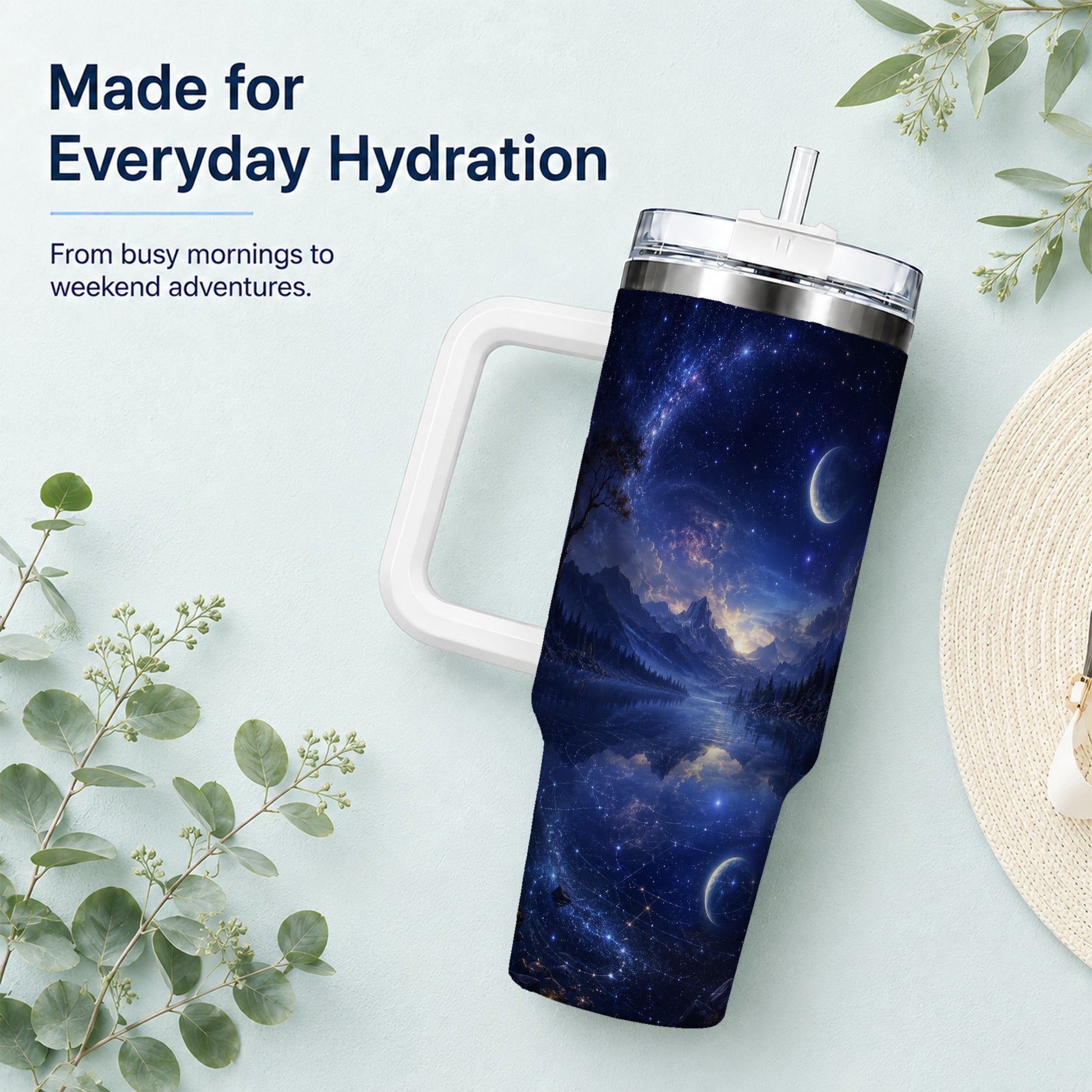 #pl[40oz|White] Cosmic Lake 40oz Tumbler with Handle, Moonlit Celestial Art