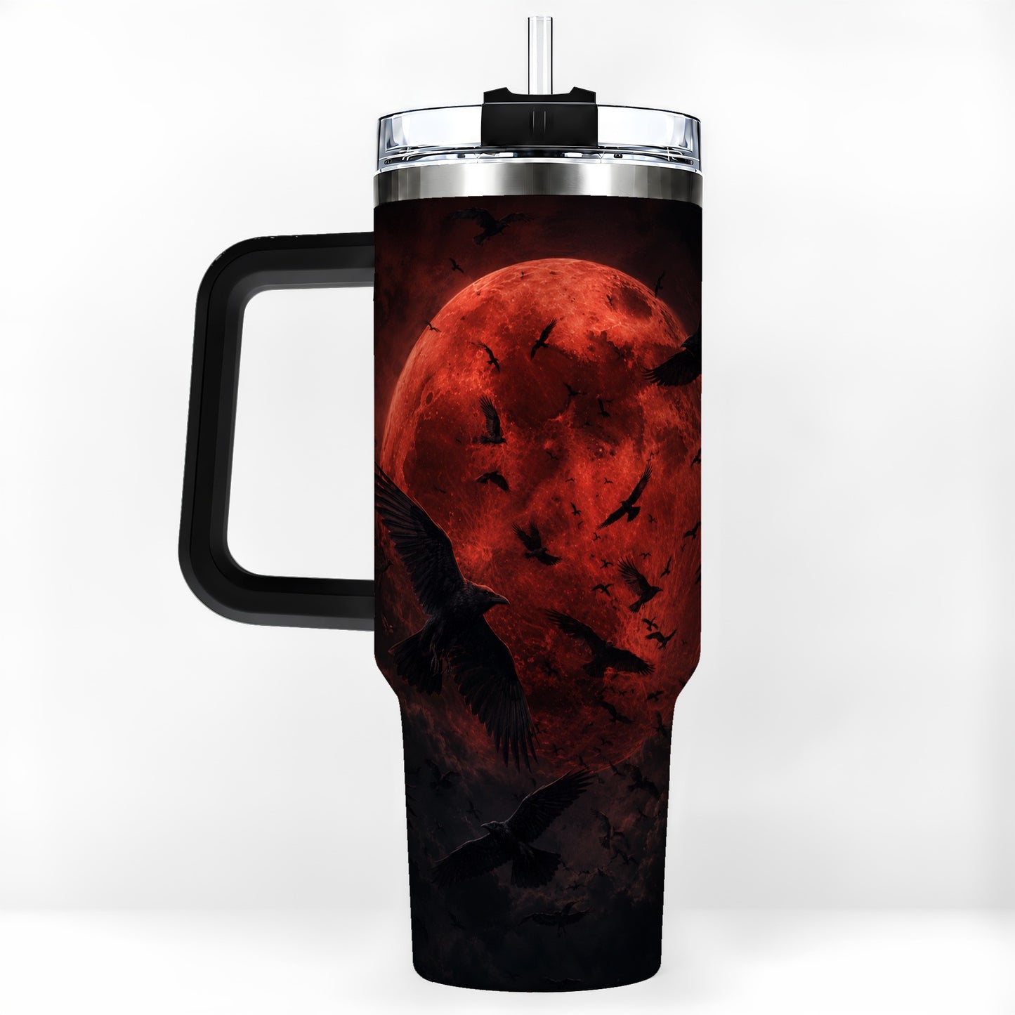 #pl[40oz|Black] Red Moon Ravens 40oz Tumbler with Handle, Gothic Night Art