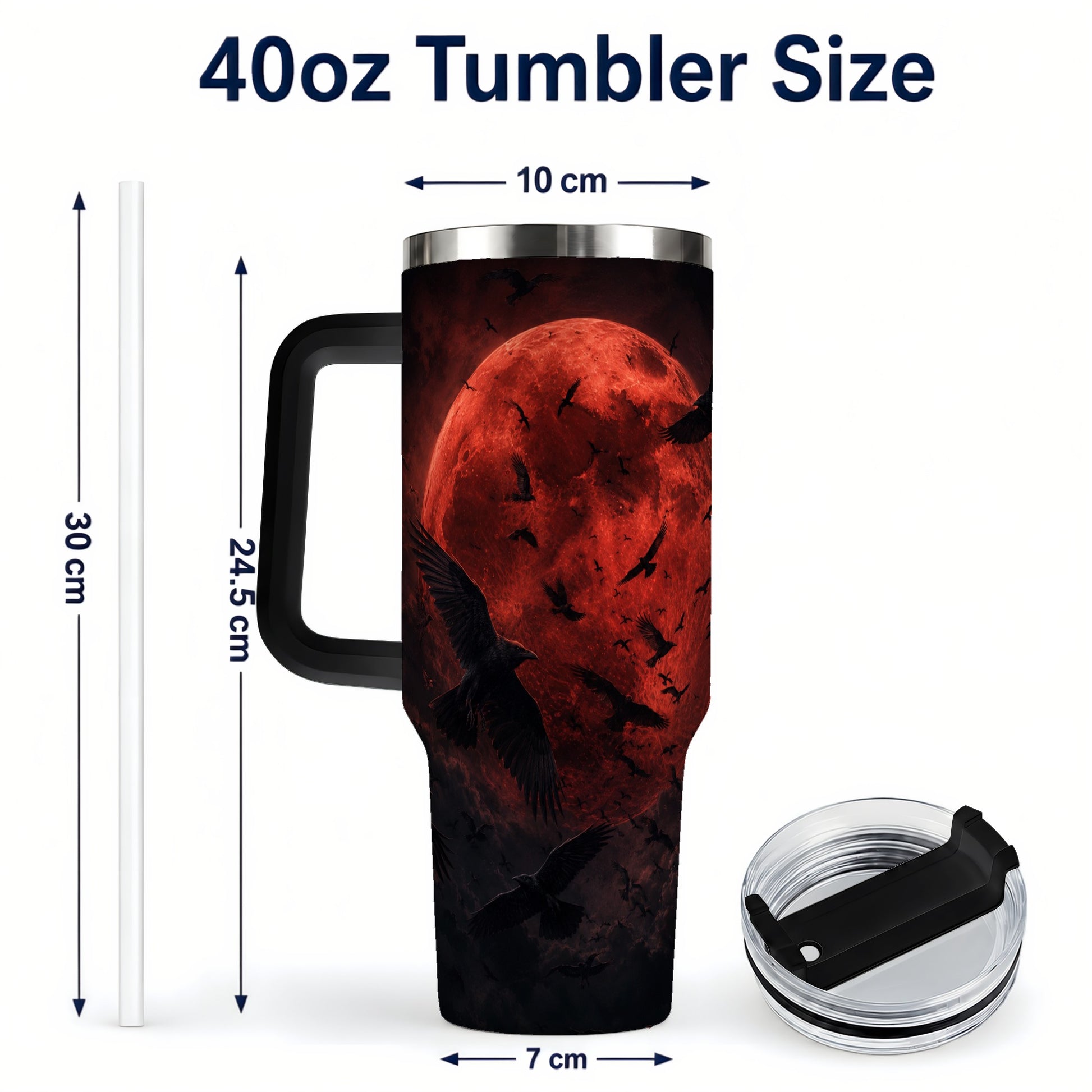 #pl[40oz|Black] Red Moon Ravens 40oz Tumbler with Handle, Gothic Night Art