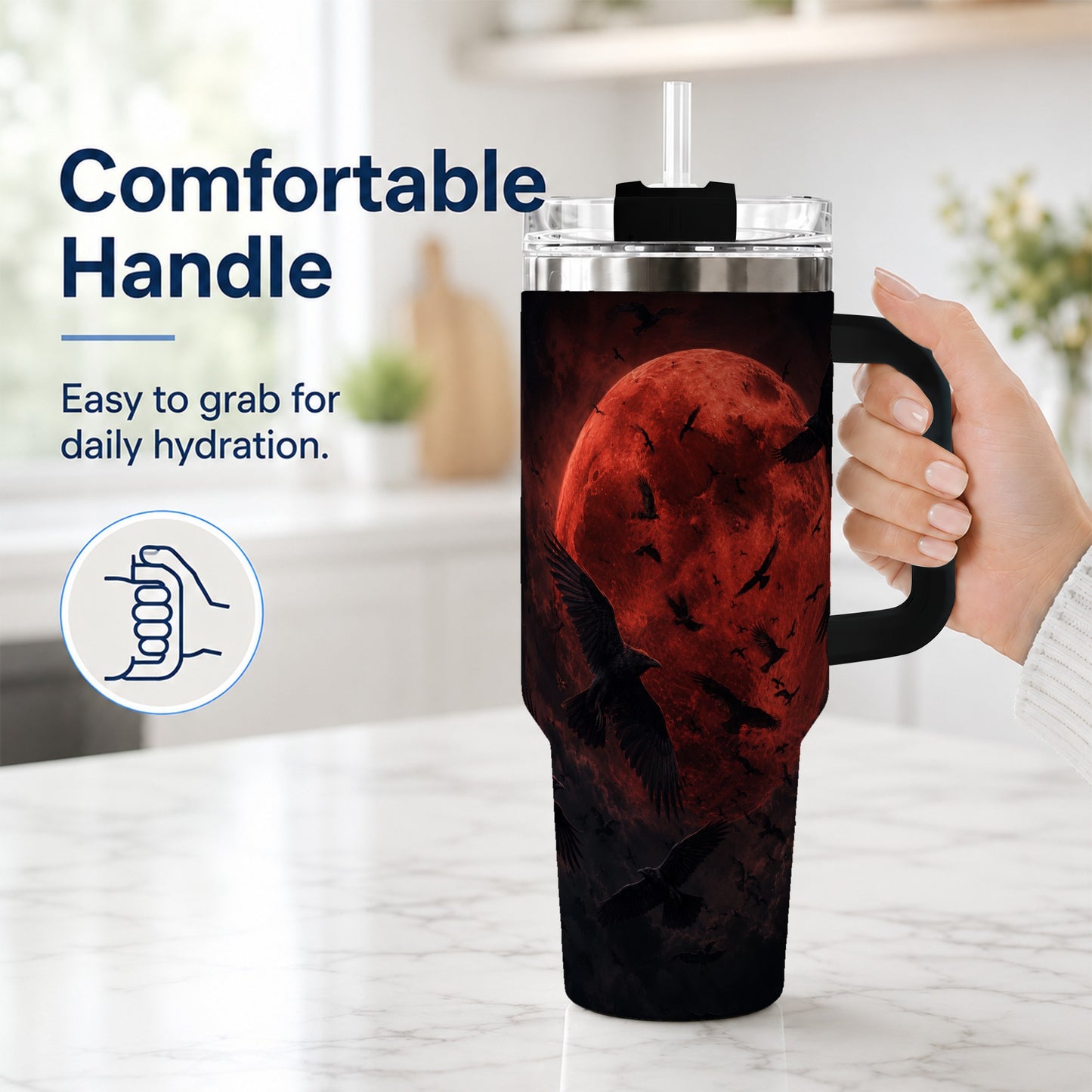 #pl[40oz|Black] Red Moon Ravens 40oz Tumbler with Handle, Gothic Night Art