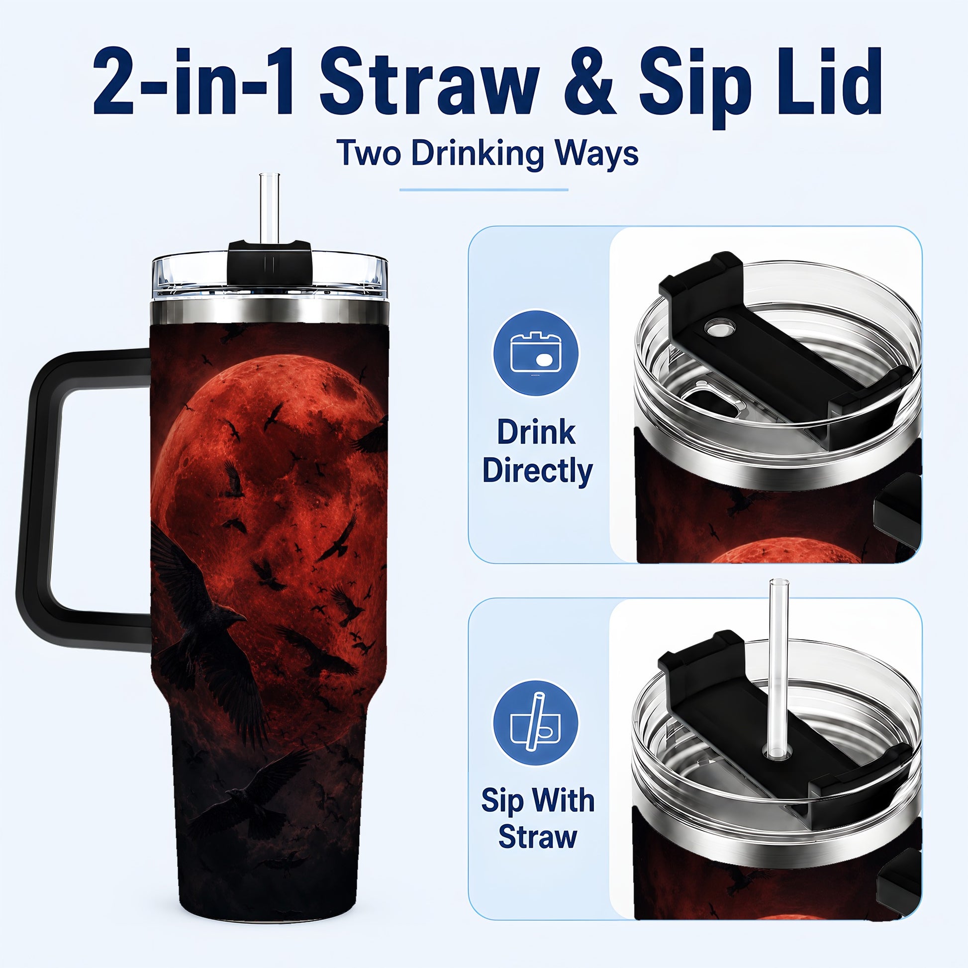 #pl[40oz|Black] Red Moon Ravens 40oz Tumbler with Handle, Gothic Night Art
