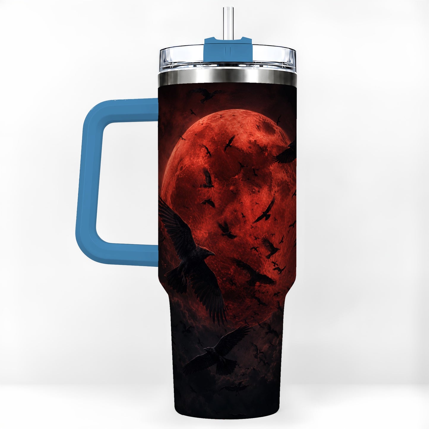 #pl[40oz|Blue] Red Moon Ravens 40oz Tumbler with Handle, Gothic Night Art