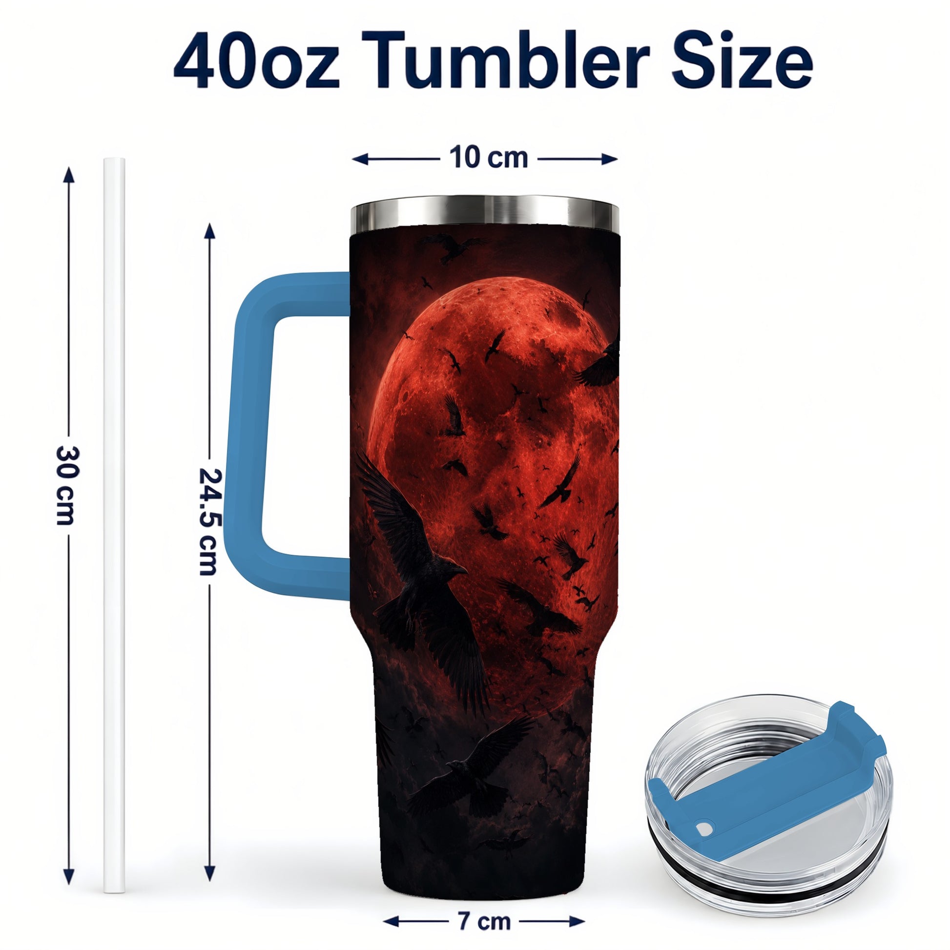 #pl[40oz|Blue] Red Moon Ravens 40oz Tumbler with Handle, Gothic Night Art
