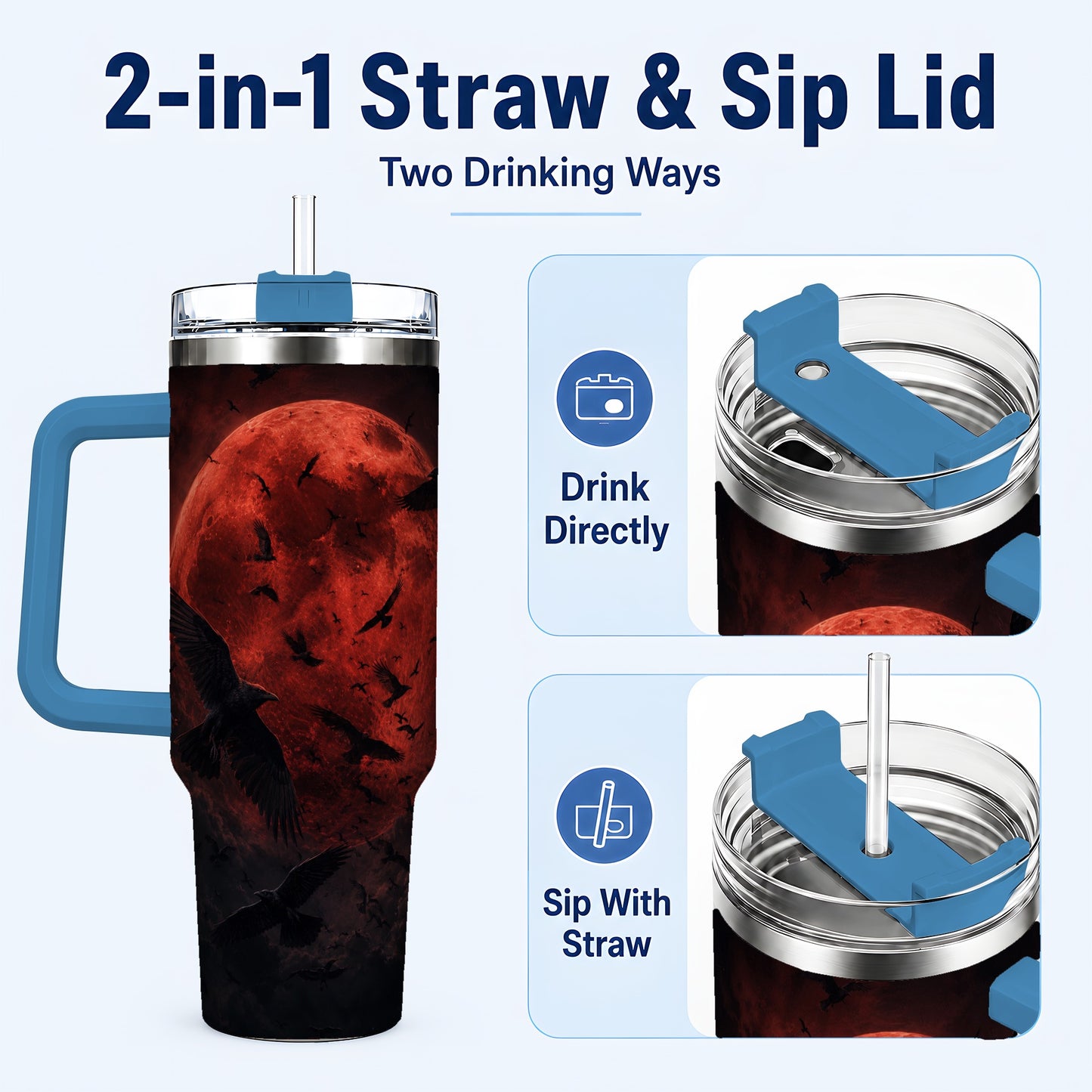 #pl[40oz|Blue] Red Moon Ravens 40oz Tumbler with Handle, Gothic Night Art