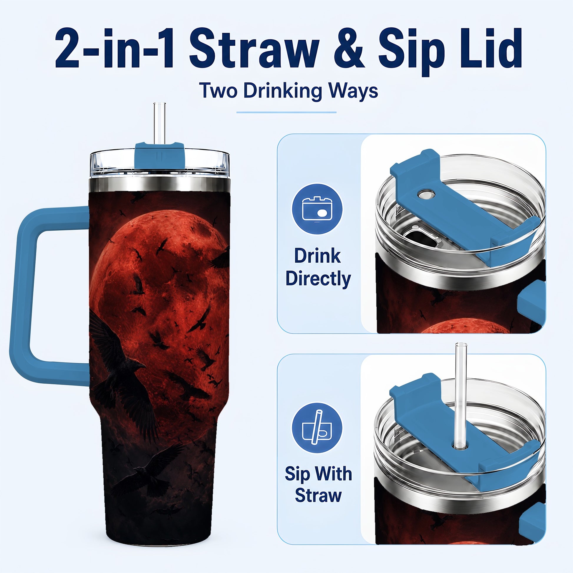 #pl[40oz|Blue] Red Moon Ravens 40oz Tumbler with Handle, Gothic Night Art