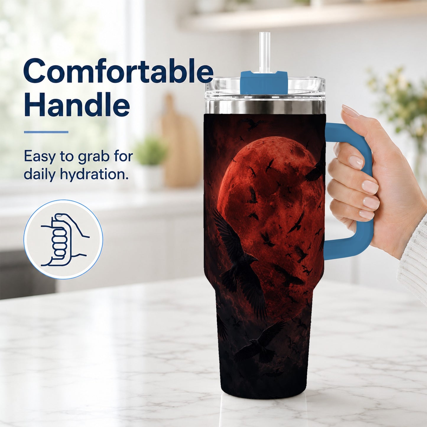 #pl[40oz|Blue] Red Moon Ravens 40oz Tumbler with Handle, Gothic Night Art