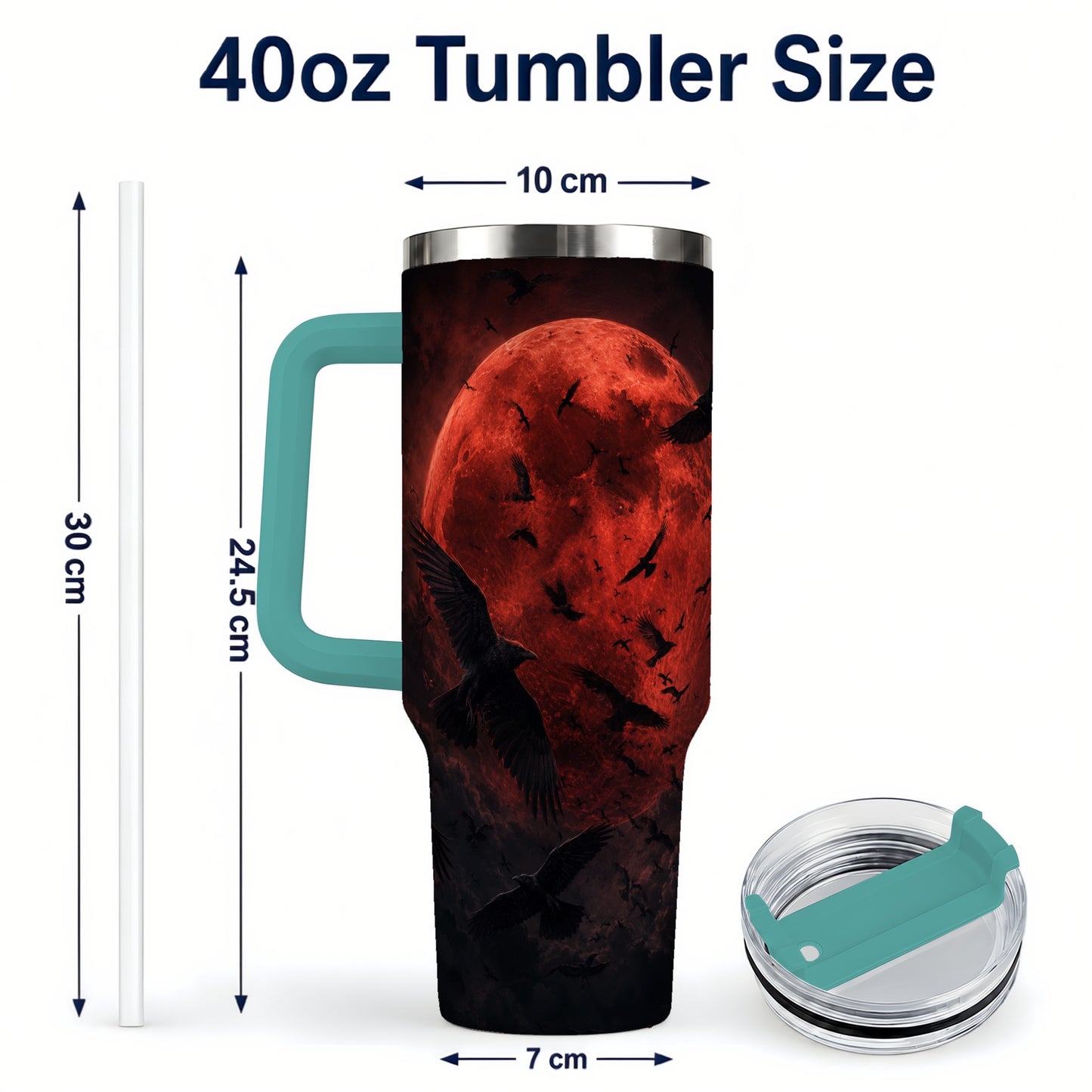 #pl[40oz|Green] Red Moon Ravens 40oz Tumbler with Handle, Gothic Night Art