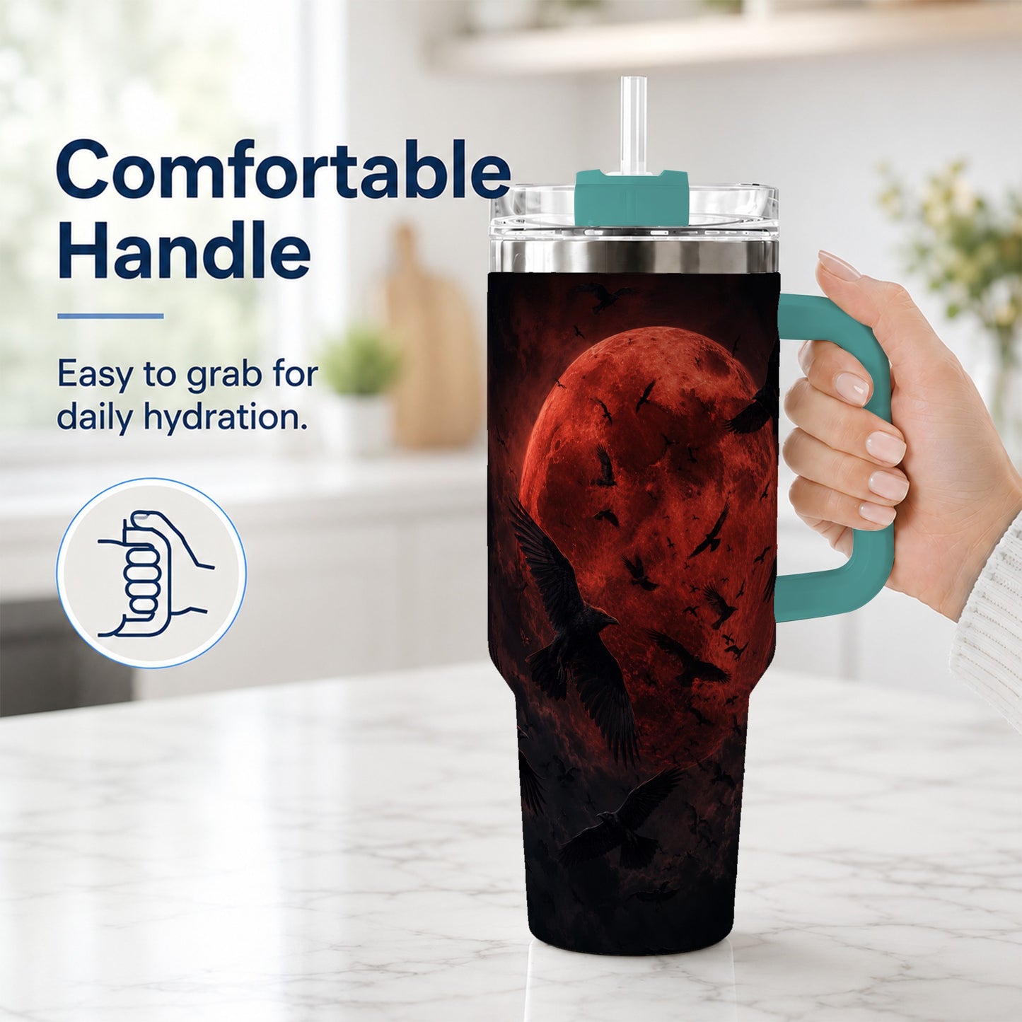 #pl[40oz|Green] Red Moon Ravens 40oz Tumbler with Handle, Gothic Night Art