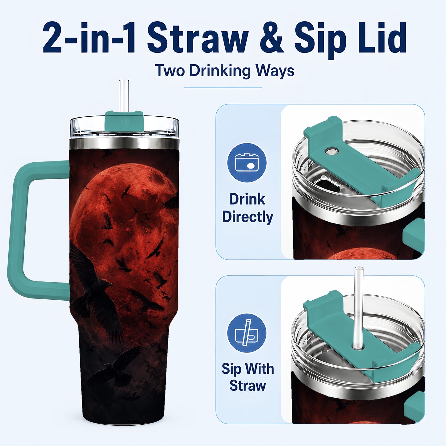 #pl[40oz|Green] Red Moon Ravens 40oz Tumbler with Handle, Gothic Night Art