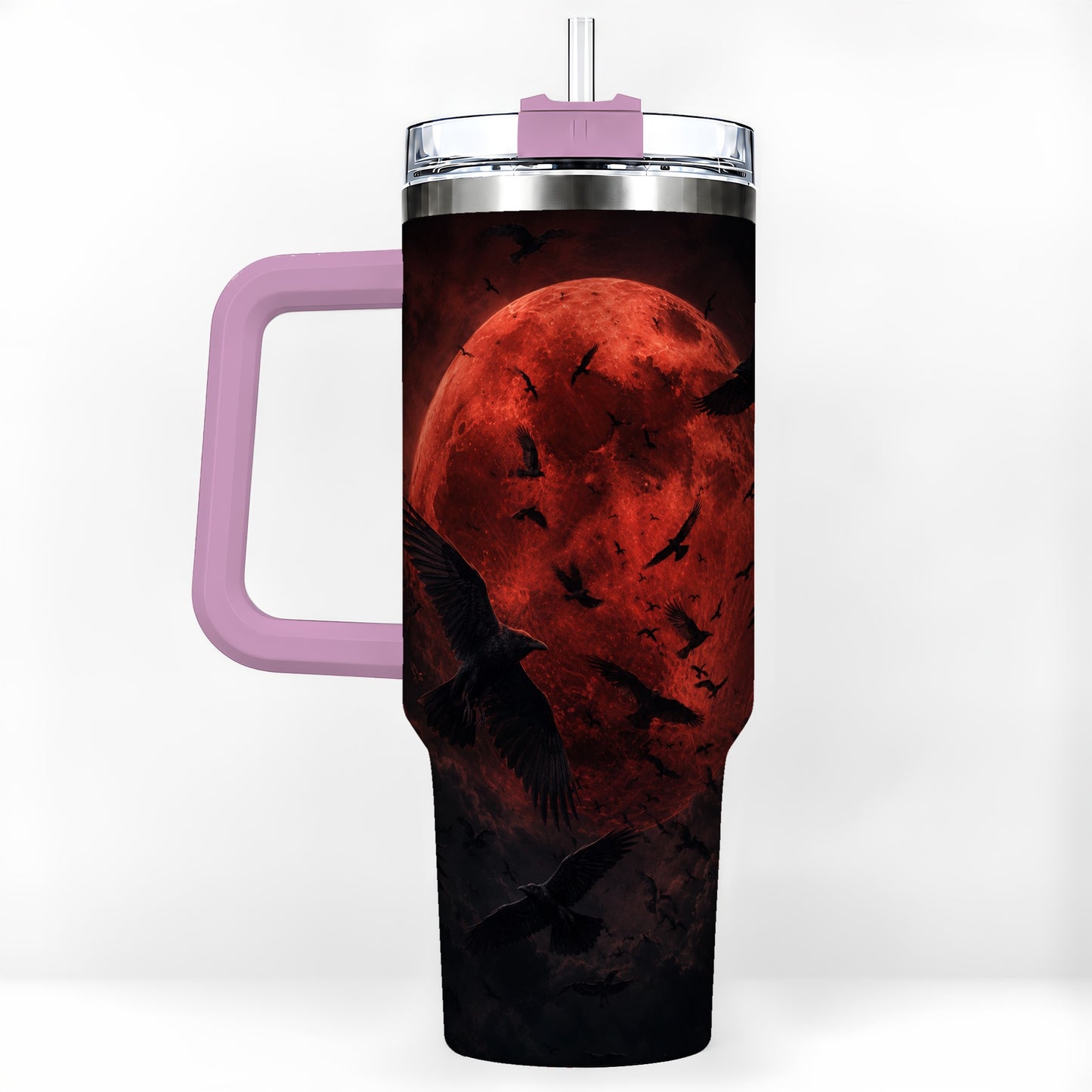 #pl[40oz|Pink] Red Moon Ravens 40oz Tumbler with Handle, Gothic Night Art