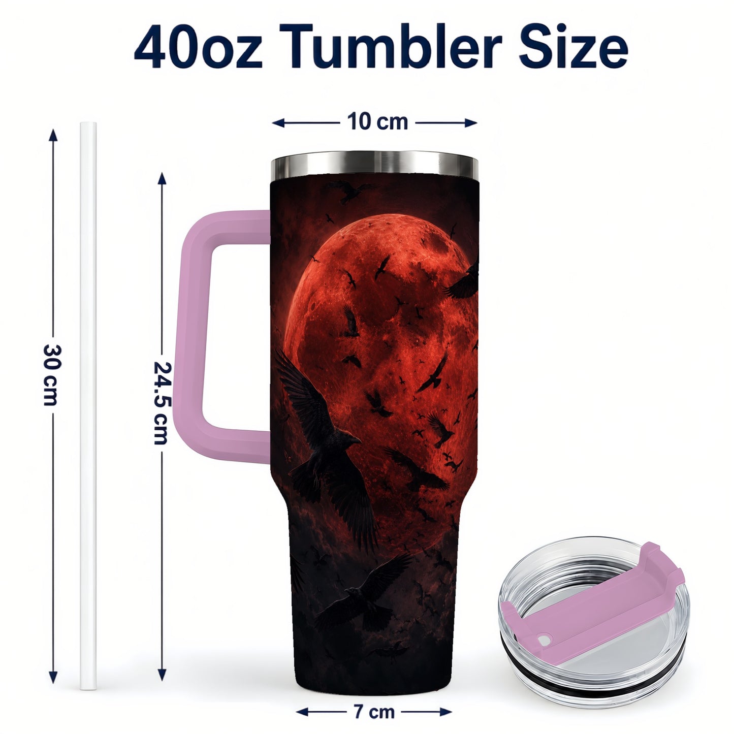 #pl[40oz|Pink] Red Moon Ravens 40oz Tumbler with Handle, Gothic Night Art