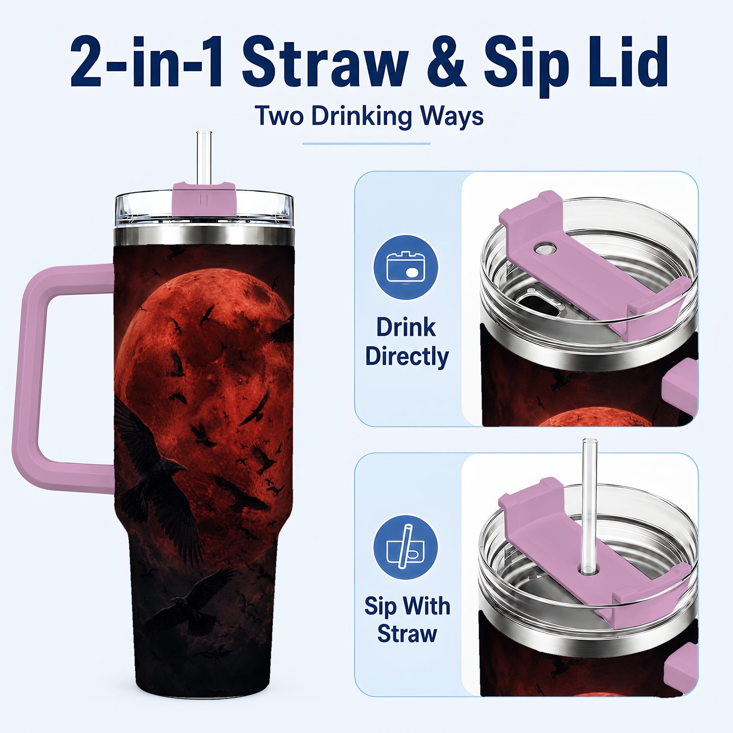 #pl[40oz|Pink] Red Moon Ravens 40oz Tumbler with Handle, Gothic Night Art