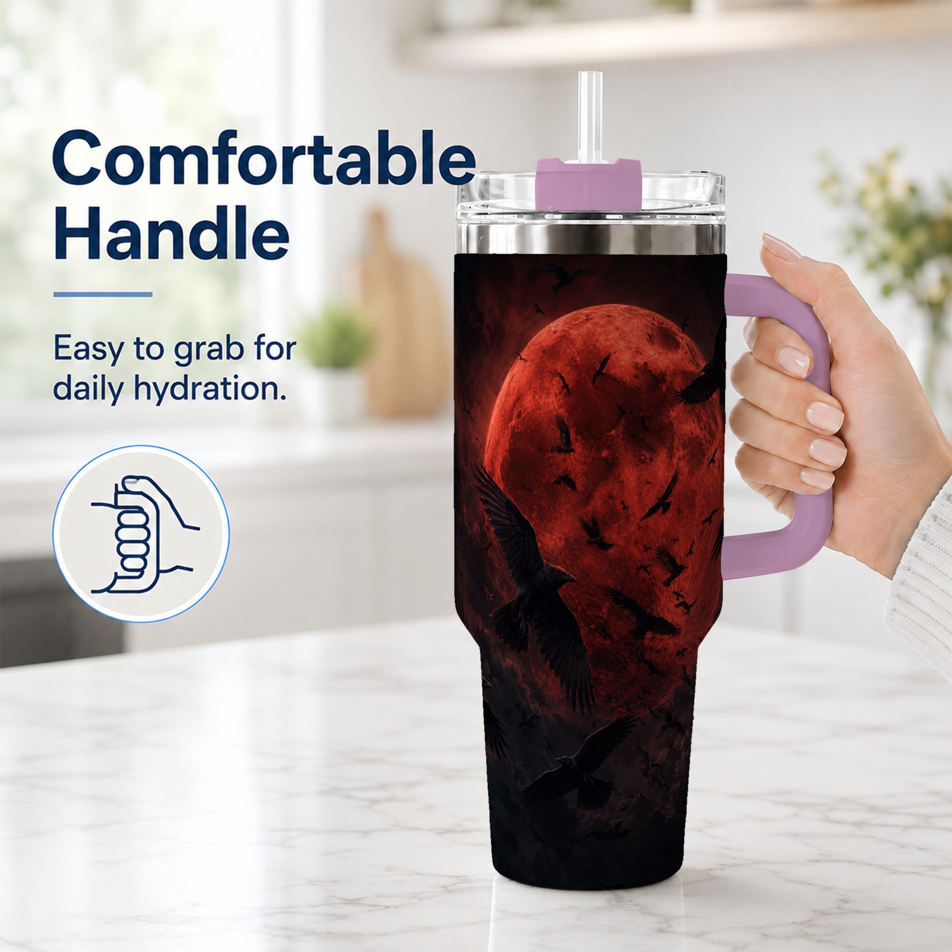 #pl[40oz|Pink] Red Moon Ravens 40oz Tumbler with Handle, Gothic Night Art