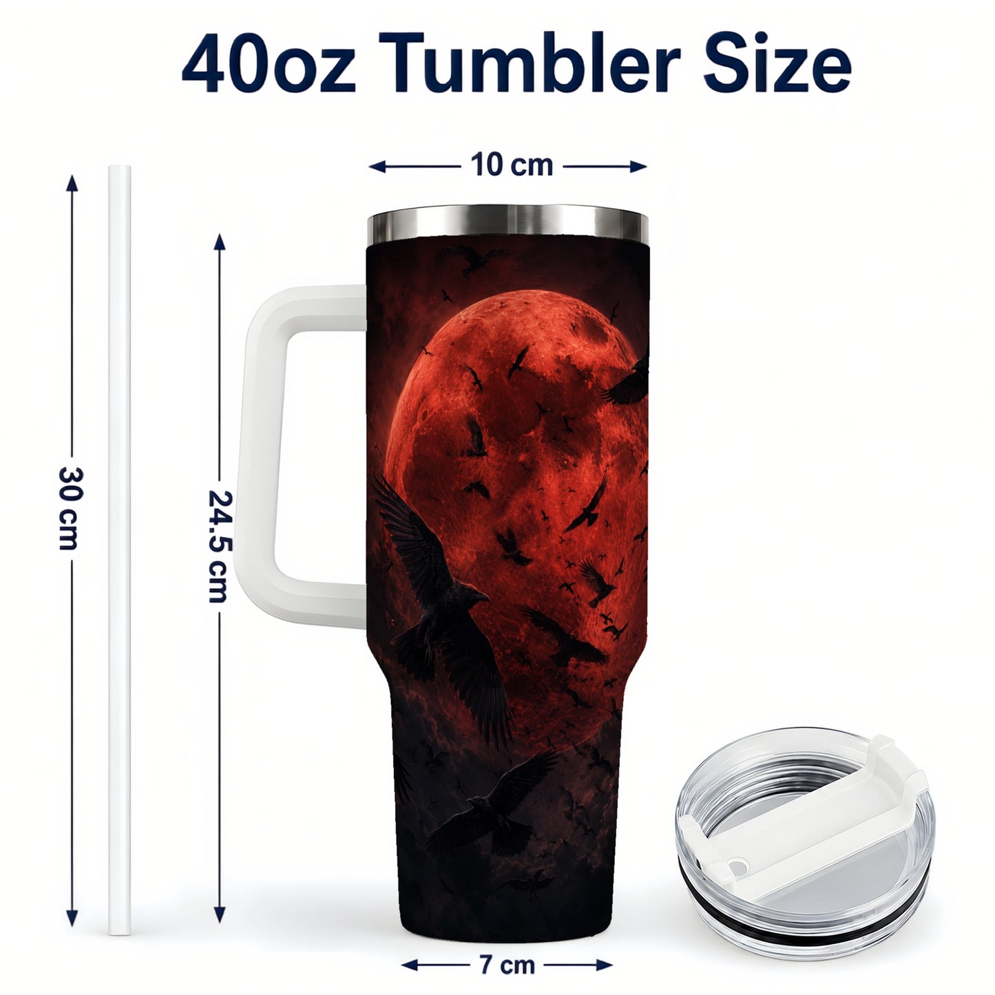 #pl[40oz|White] Red Moon Ravens 40oz Tumbler with Handle, Gothic Night Art