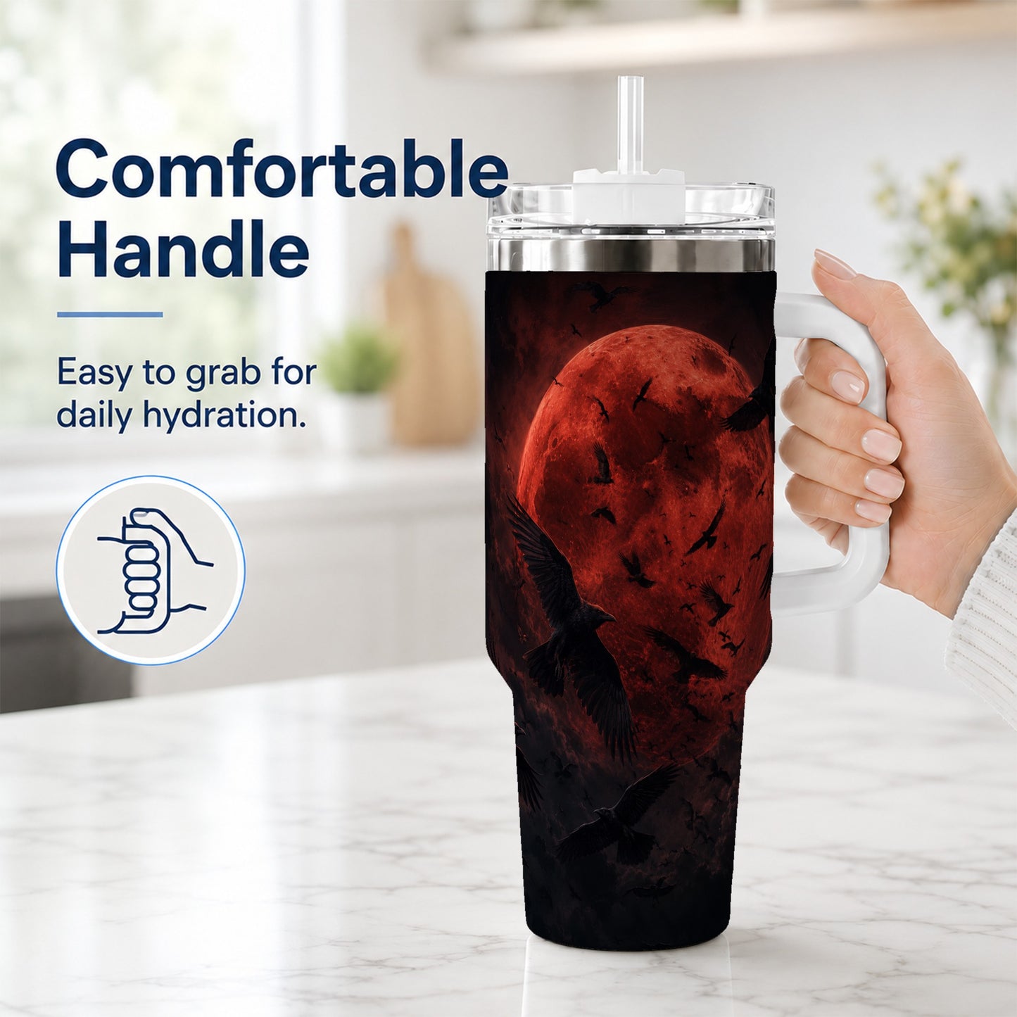 #pl[40oz|White] Red Moon Ravens 40oz Tumbler with Handle, Gothic Night Art